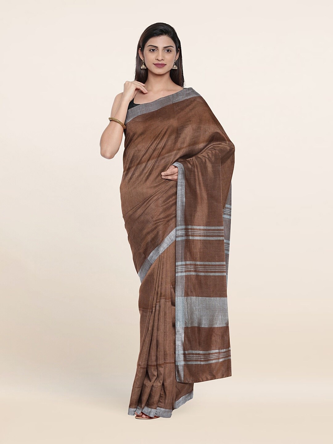 

Pothys Brown & Silver-Toned Zari Linen Blend Saree