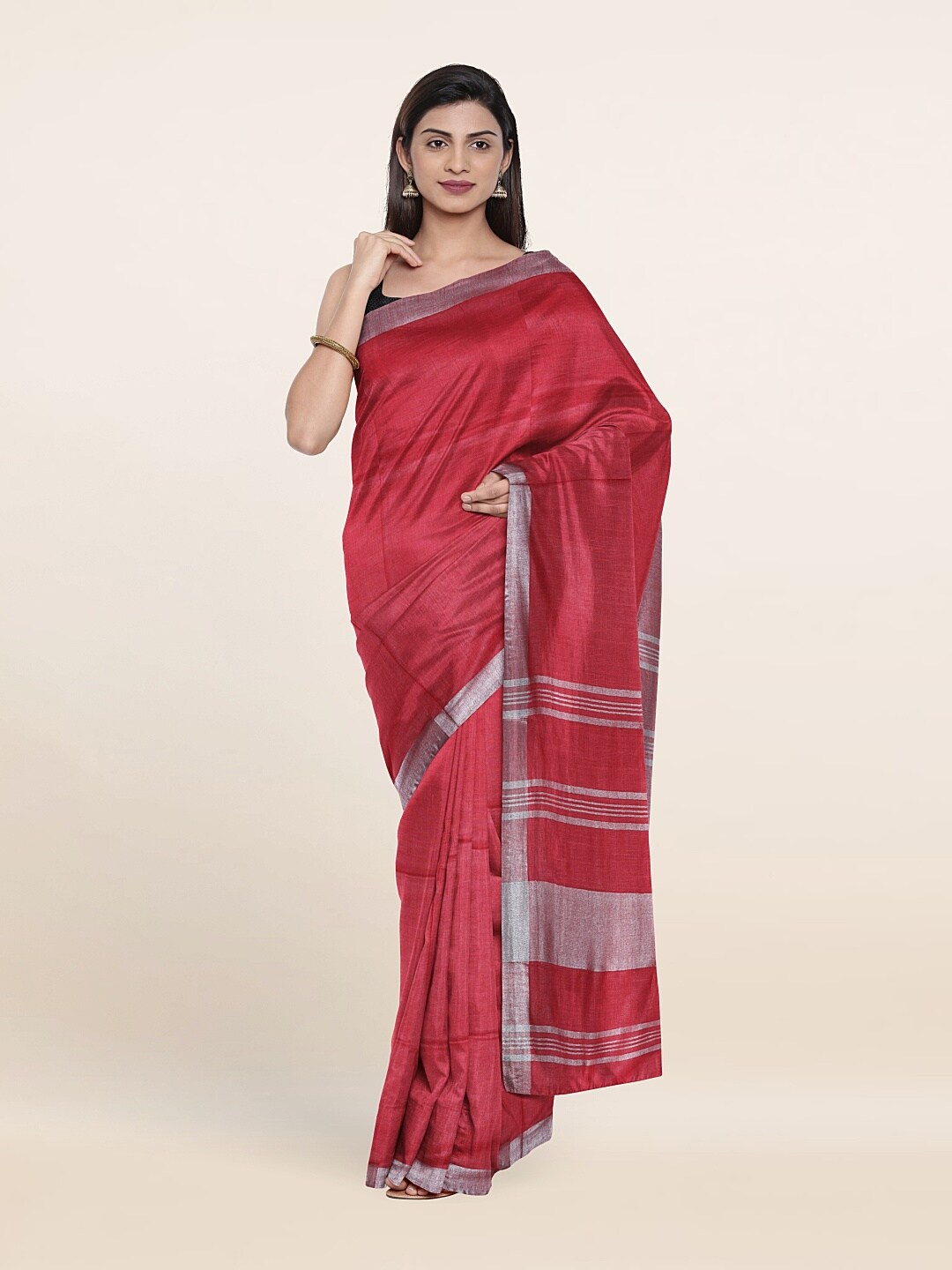 

Pothys Pink & Silver-Toned Zari Linen Blend Saree