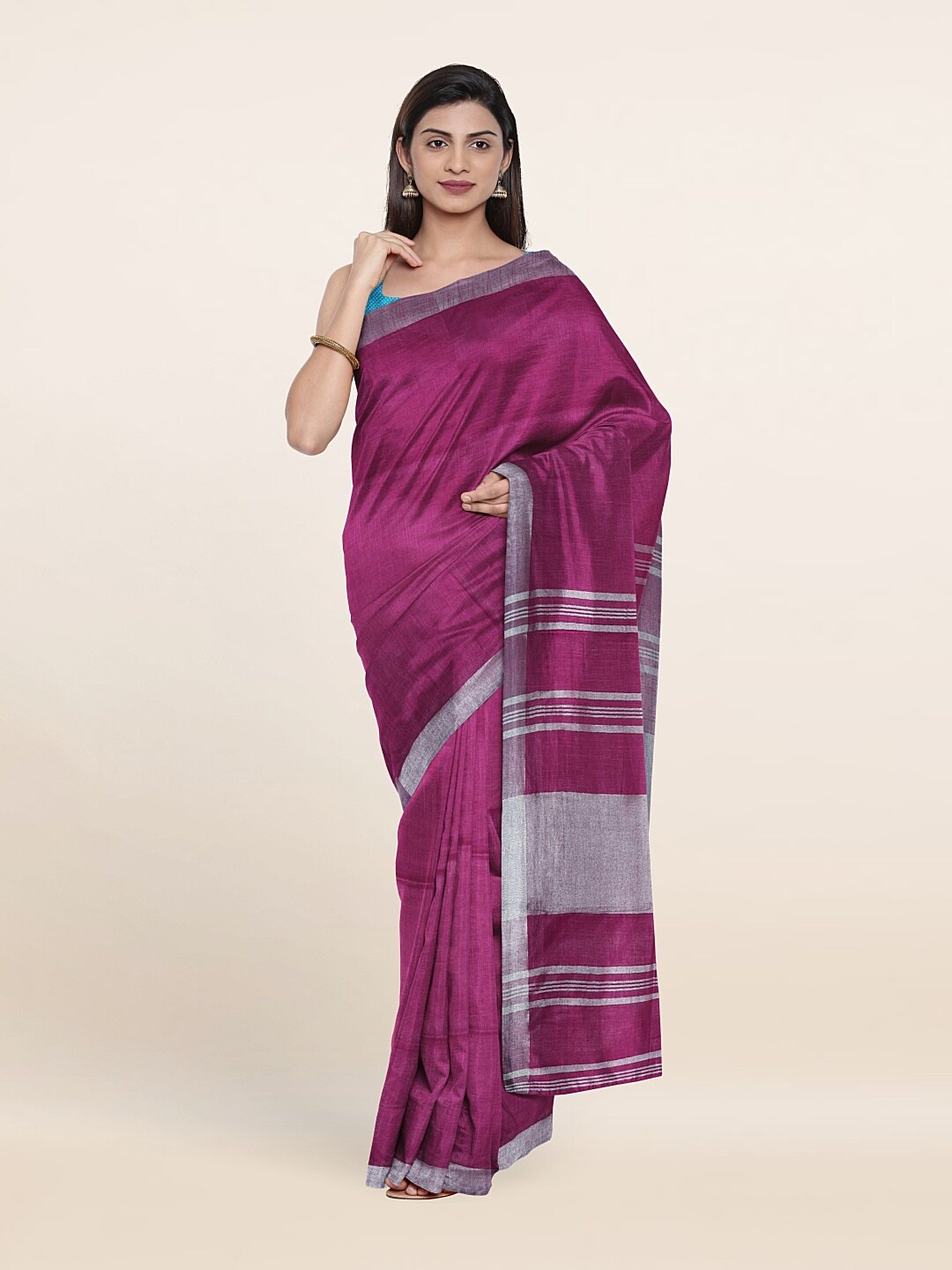 

Pothys Printed Zari Linen Blend Saree, Purple