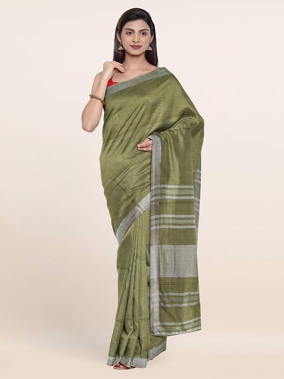 

Pothys Green & Silver-Toned Zari Linen Blend Saree