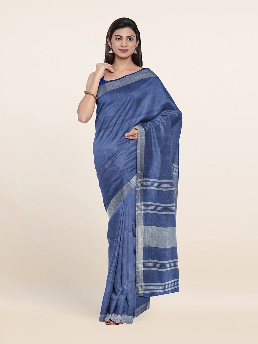 

Pothys Blue & Silver-Toned Zari Linen Blend Saree