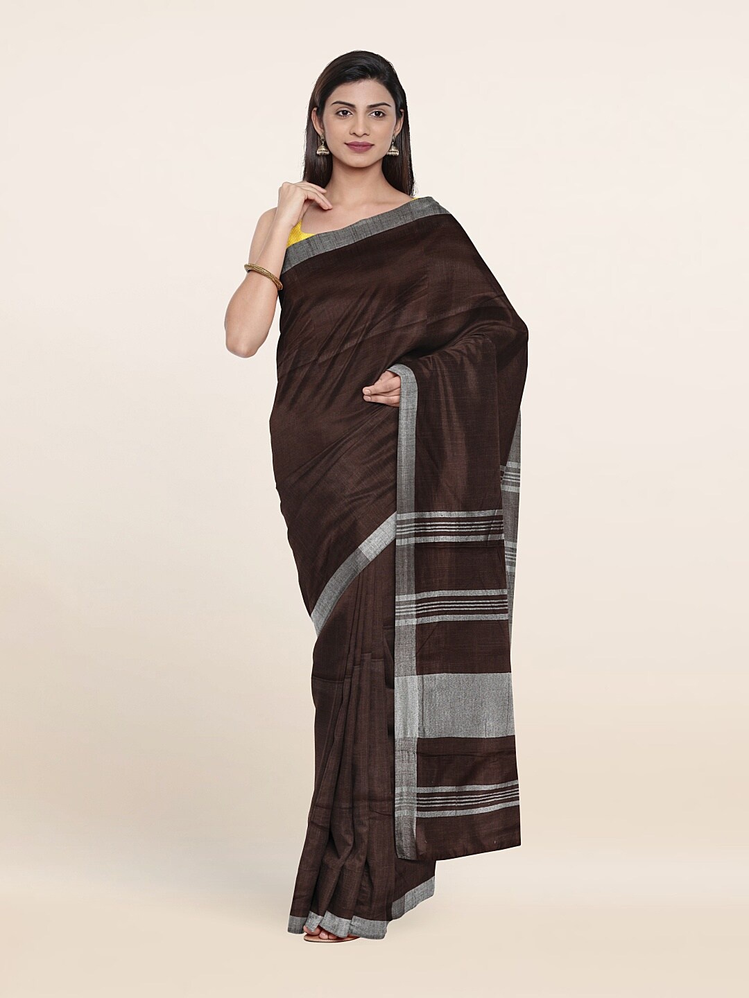 

Pothys Brown & Silver-Toned Zari Linen Blend Saree