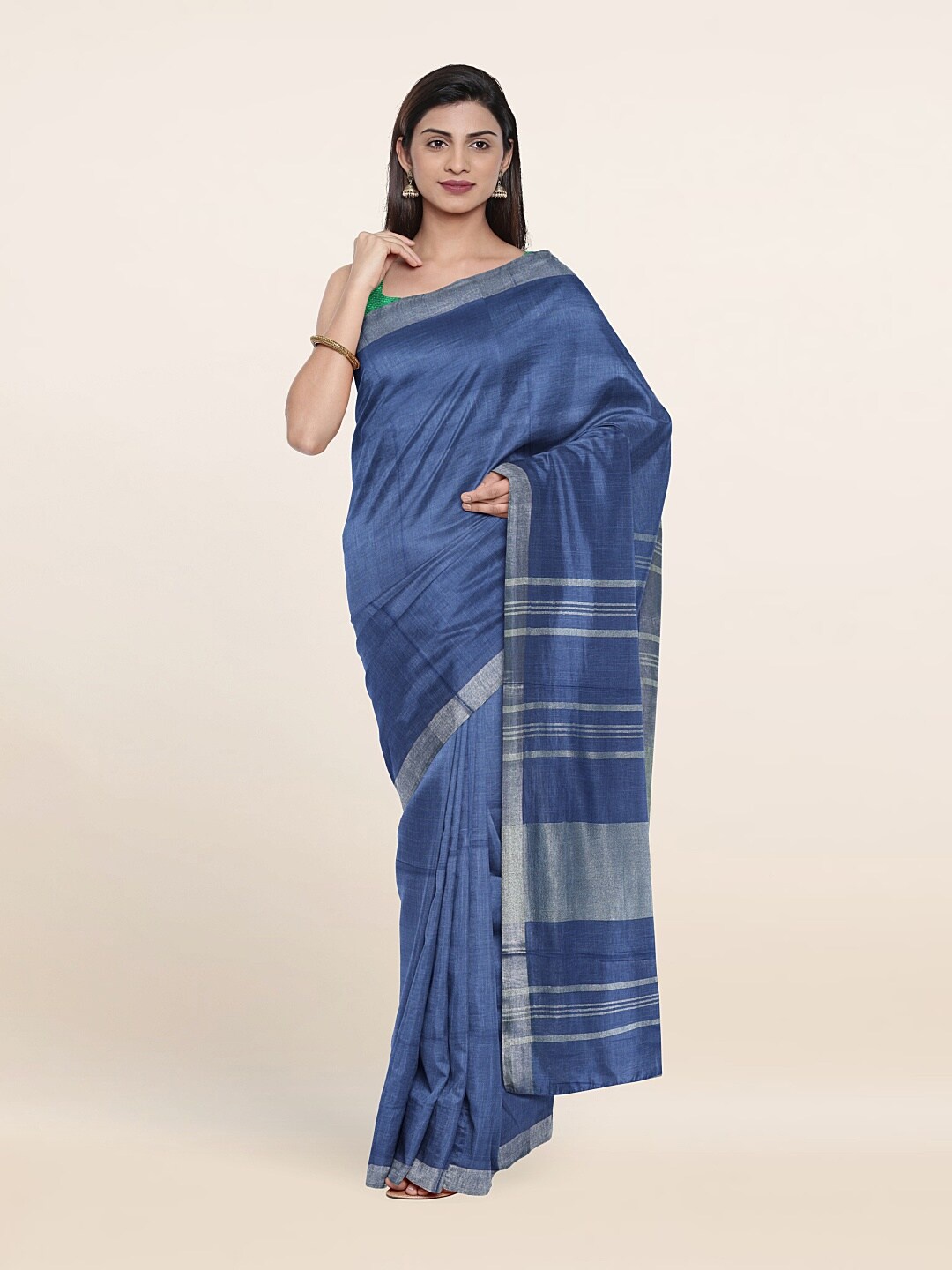 

Pothys Blue & Silver-Toned Zari Linen Blend Saree