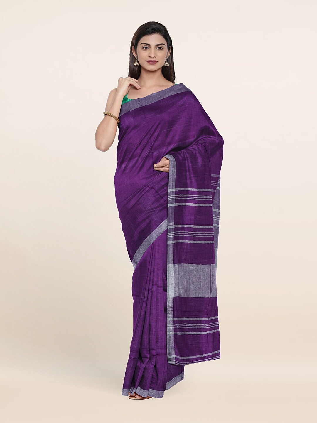 

Pothys Violet & Silver-Toned Zari Linen Blend Saree