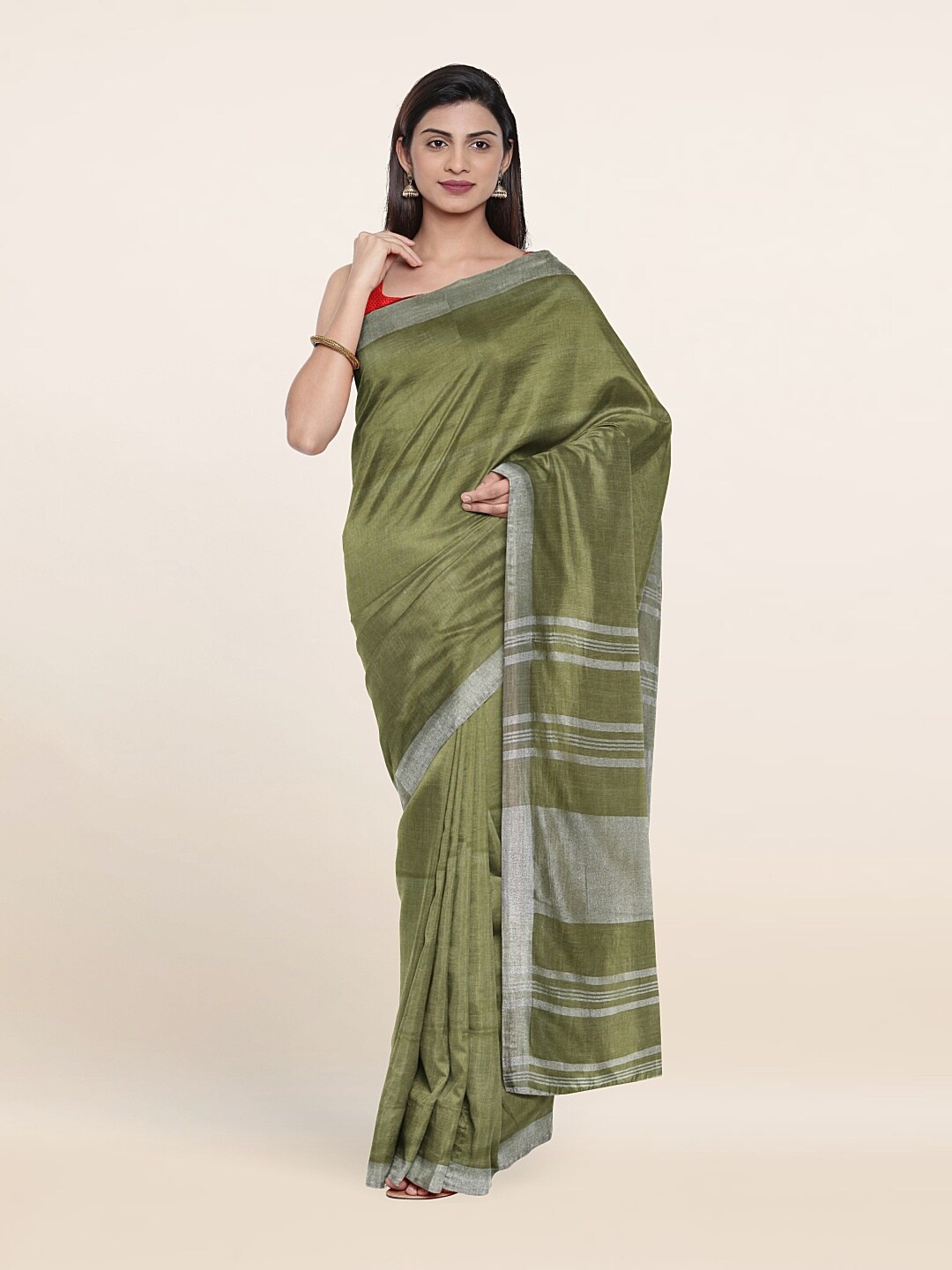 

Pothys Zari Linen Saree, Green