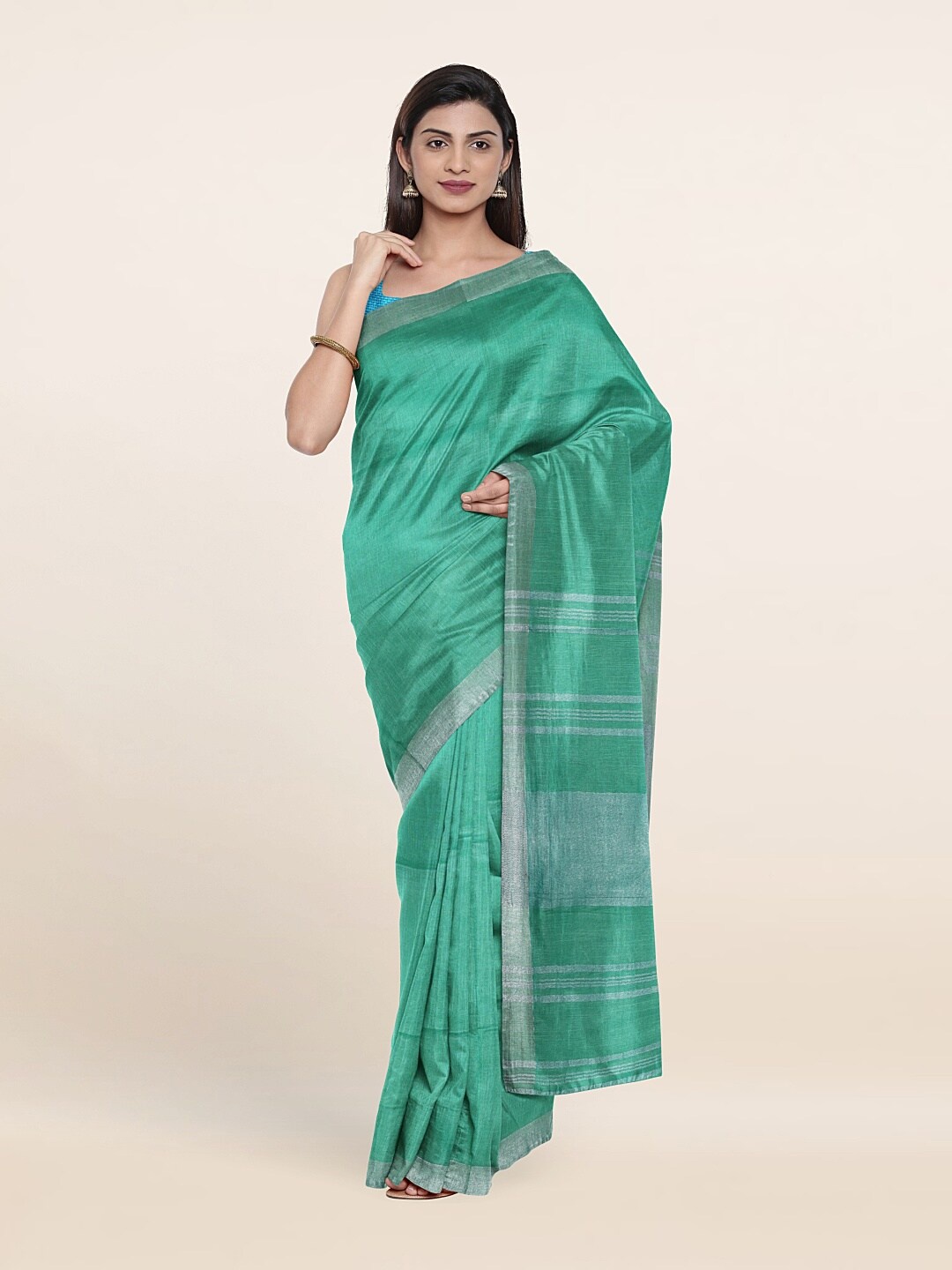 

Pothys Zari Linen Saree, Green