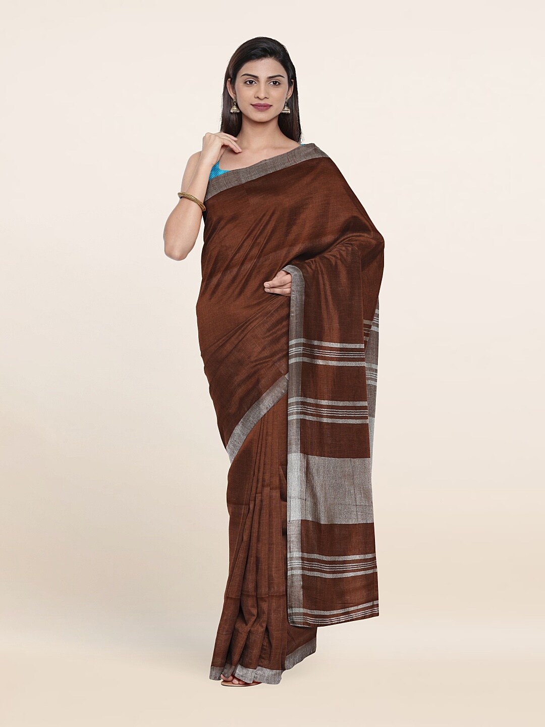 

Pothys Zari Linen Saree, Brown