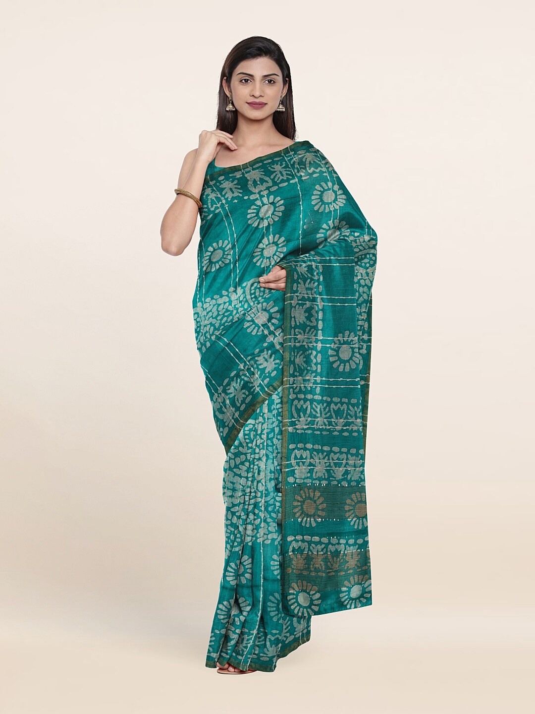

Pothys Batik Zari Jute Cotton Saree, Green