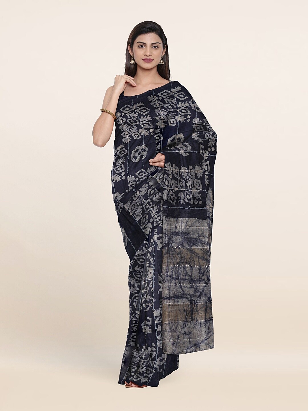 

Pothys Batik Zari Jute Cotton Saree, Blue