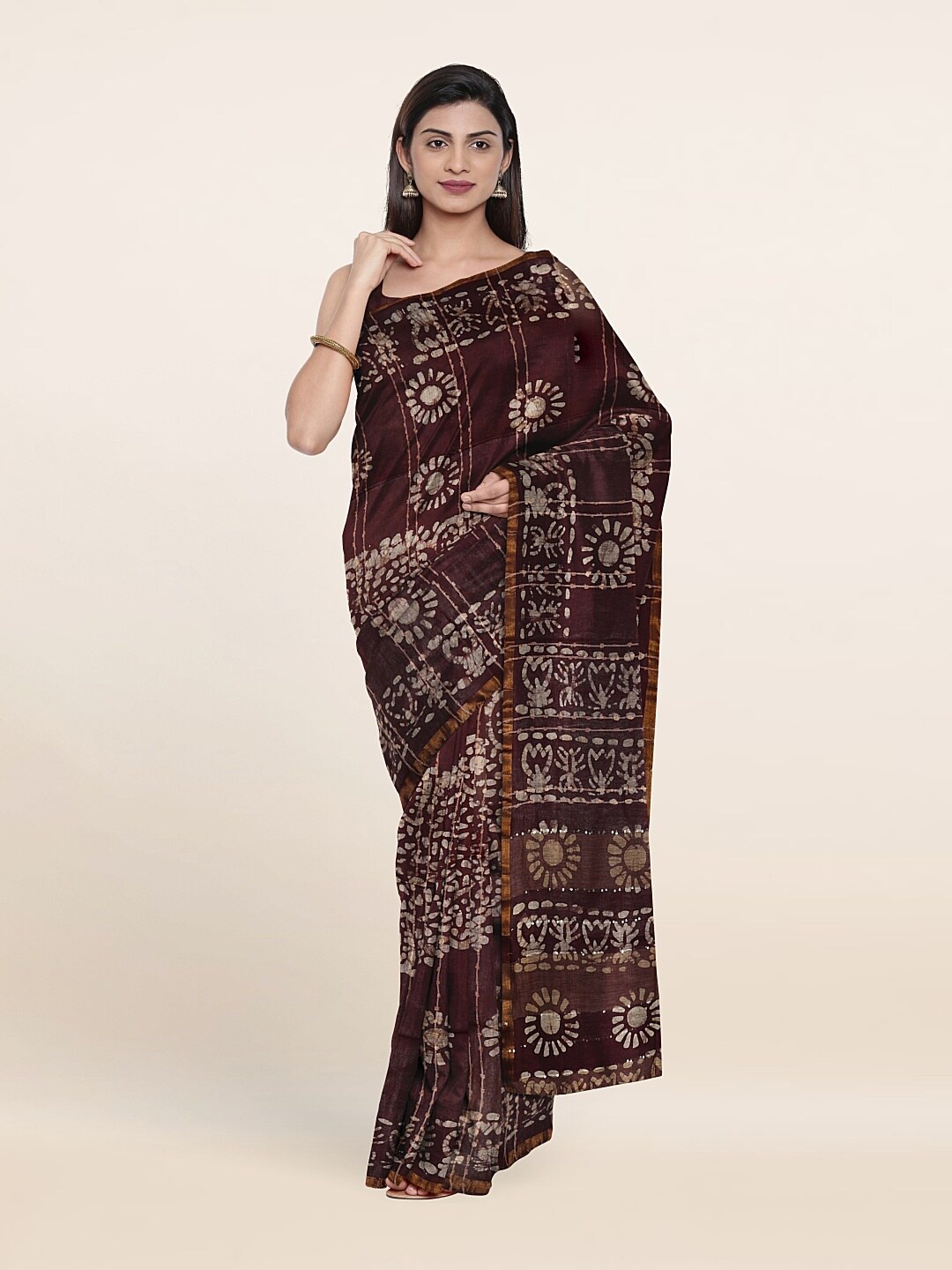 

Pothys Batik Zari Jute Cotton Saree, Brown