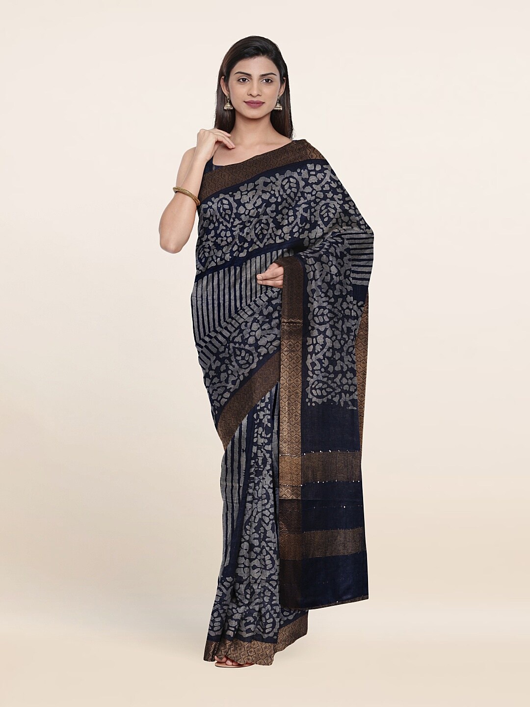 

Pothys Batik Zari Jute Cotton Saree, Blue