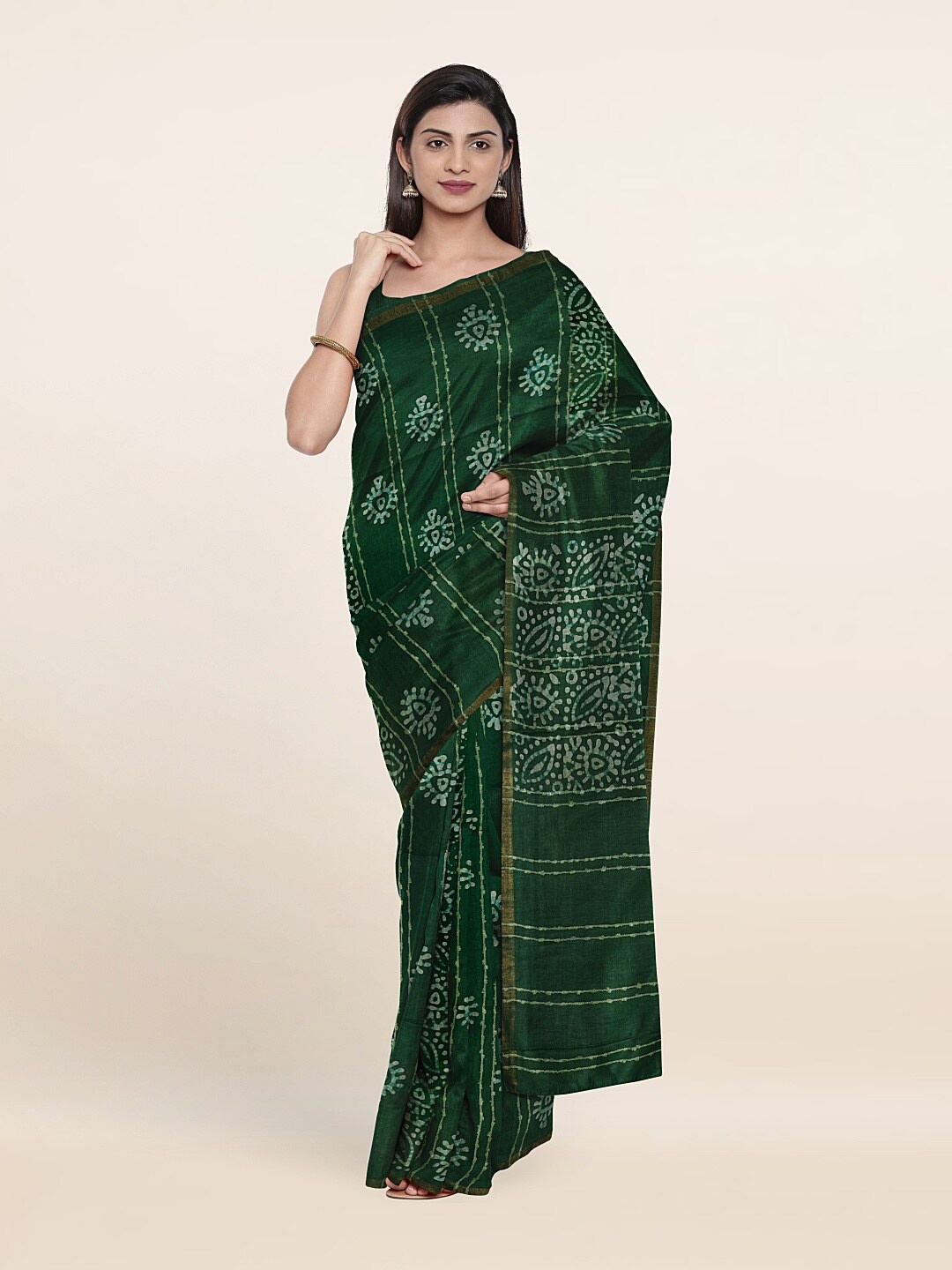 

Pothys Batik Zari Jute Cotton Saree, Green