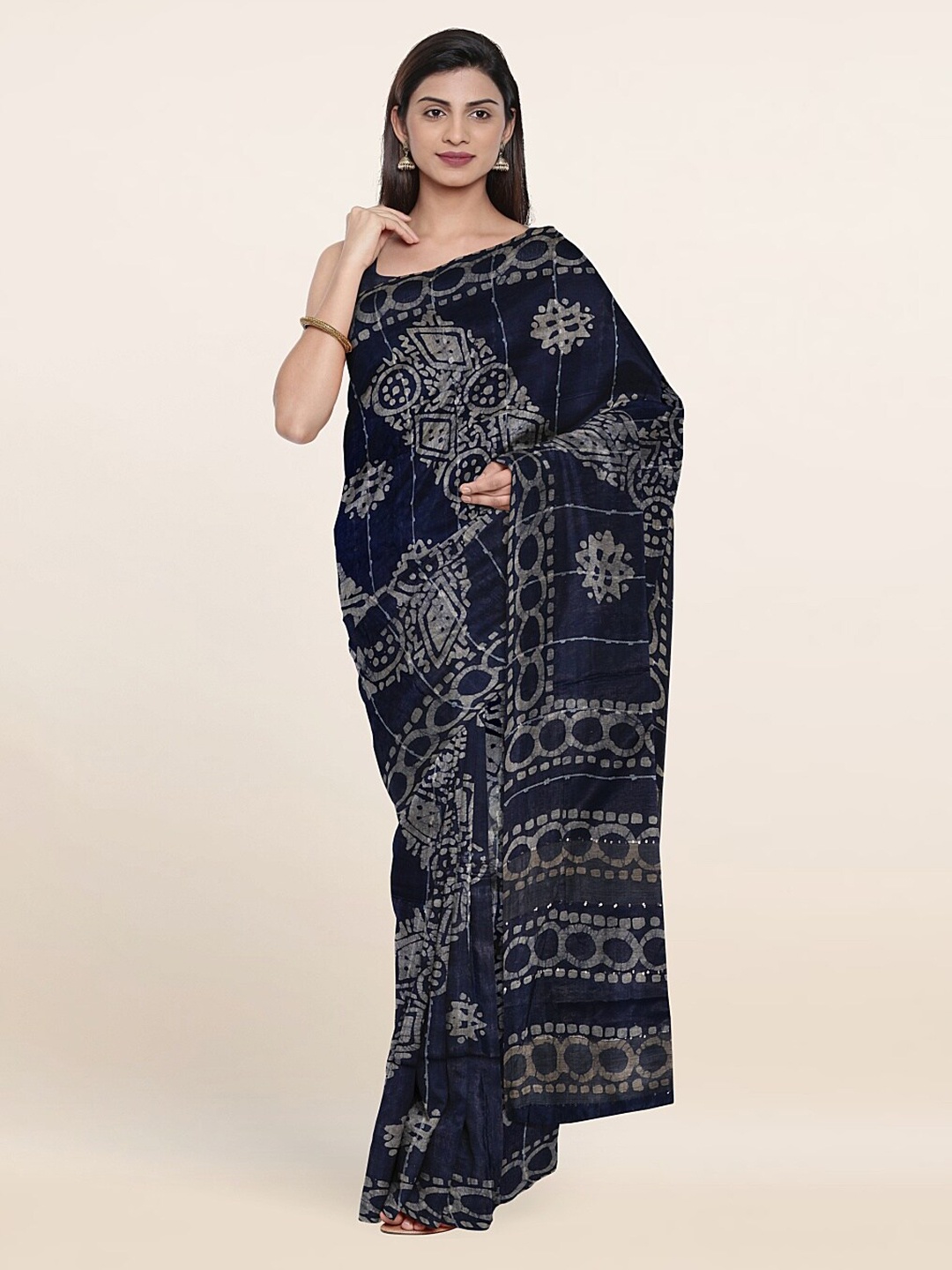 

Pothys Batik Zari Jute Cotton Saree, Blue