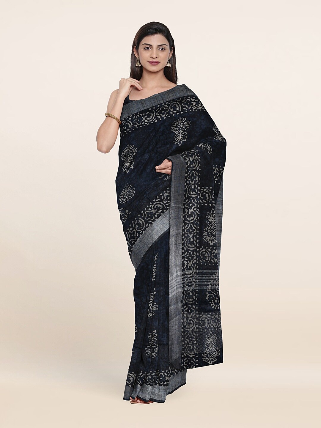 

Pothys Batik Zari Jute Cotton Saree, Navy blue