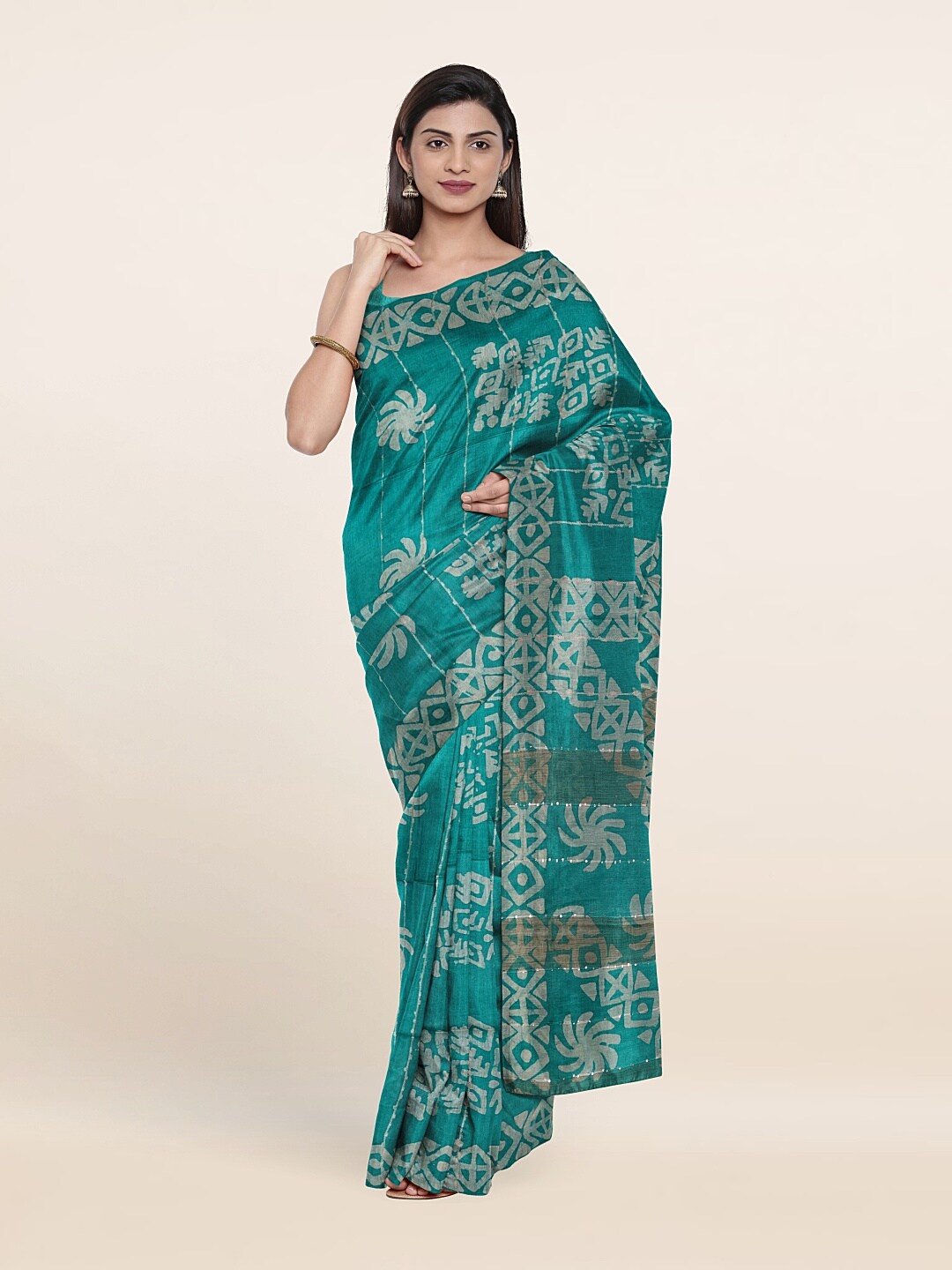 

Pothys Printed Ethnic Motifs Zari Jute Cotton Saree, Green