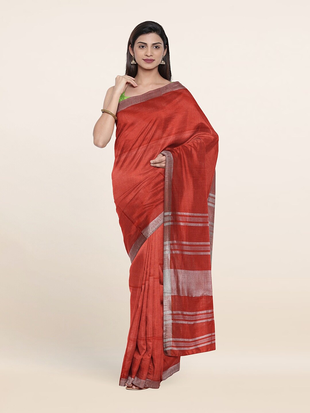 

Pothys Printed Zari Linen Blend Saree, Coral