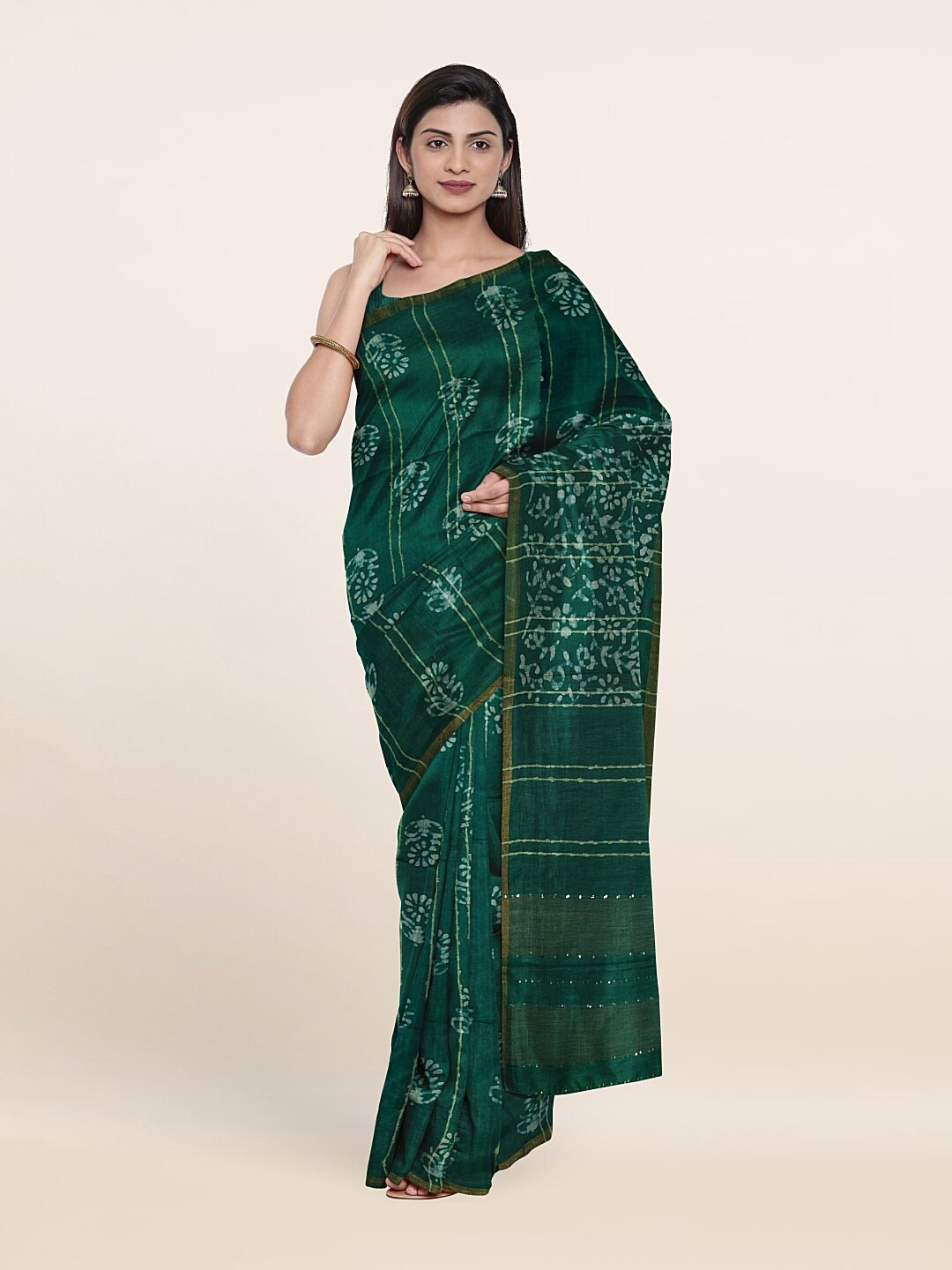 

Pothys Printed Floral Zari Jute Cotton Saree, Green