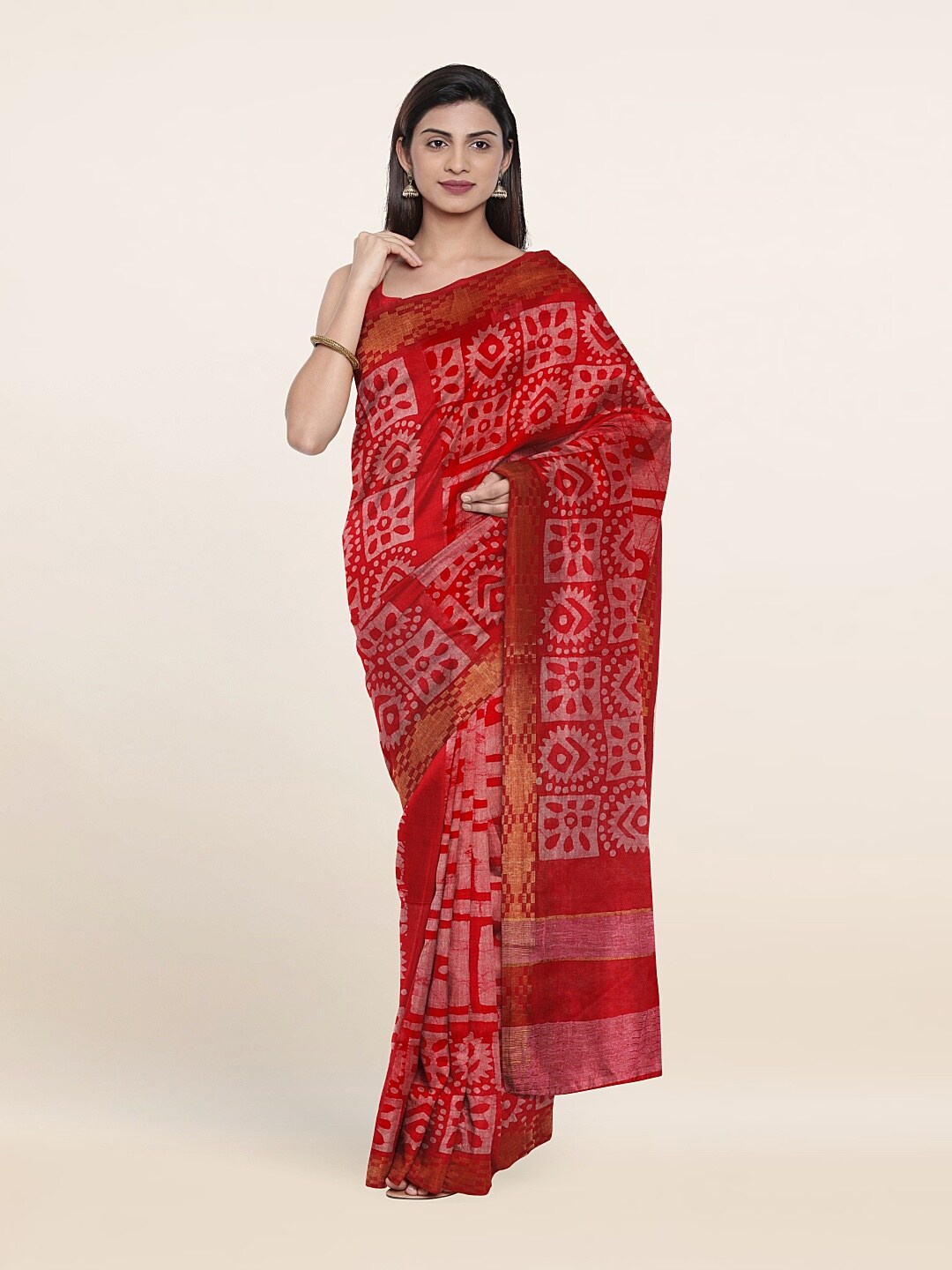 

Pothys Printed Ethnic Motifs Zari Jute Cotton Saree, Red