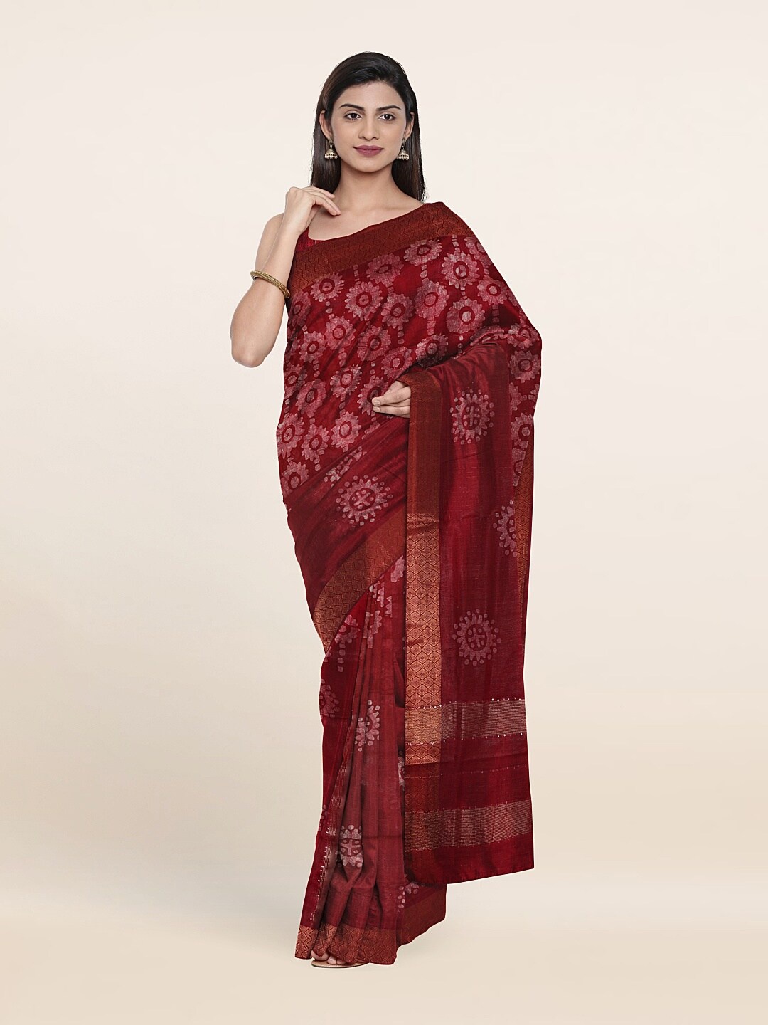 

Pothys Printed Batik Zari Jute Cotton Saree, Maroon