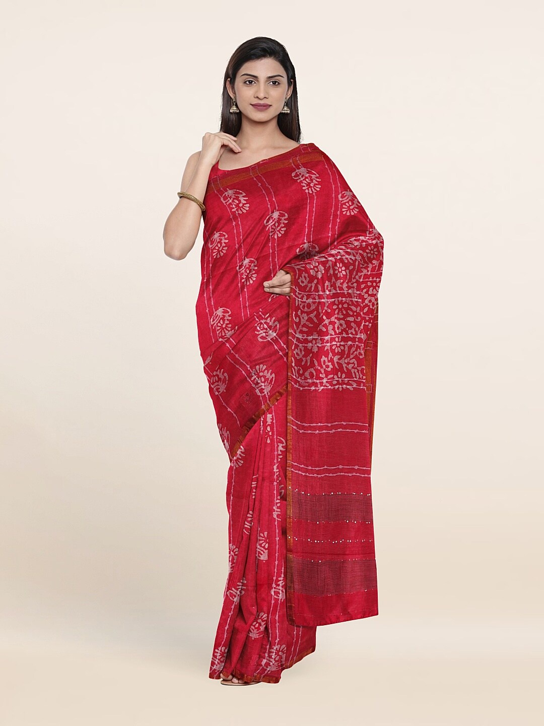 

Pothy Printed Floral Zari Jute Cotton Saree, Pink