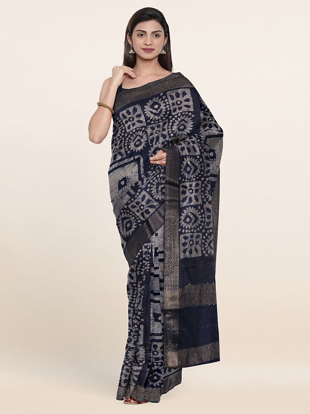 

Pothys Batik Zari Jute Cotton Saree, Blue