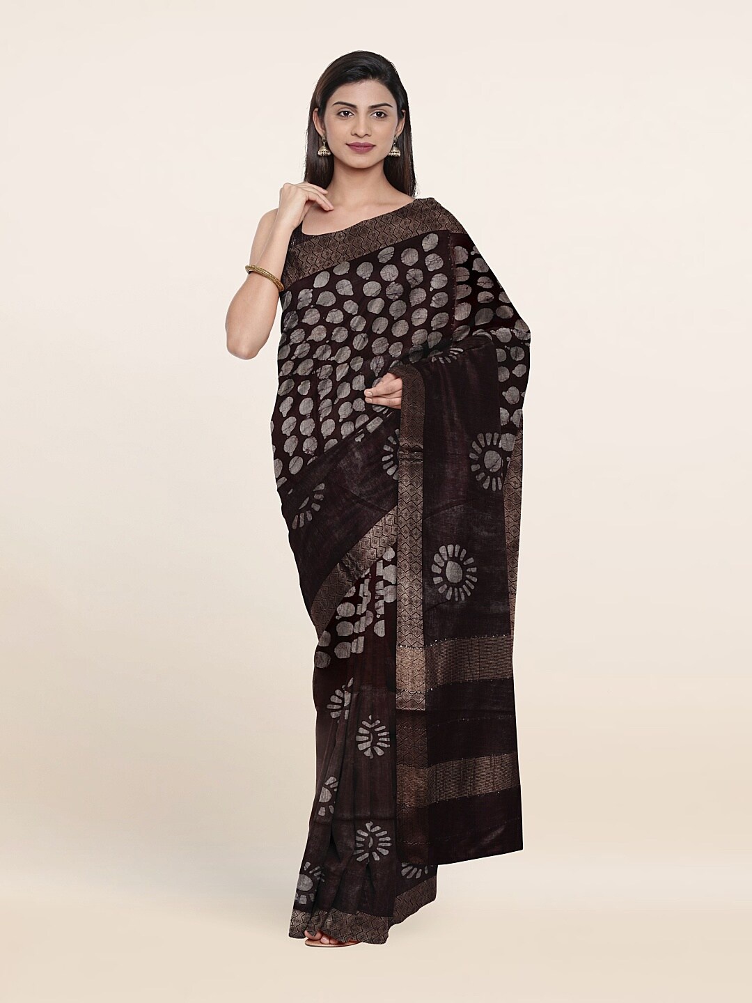 

Pothys Batik Zari Jute Cotton Saree, Brown