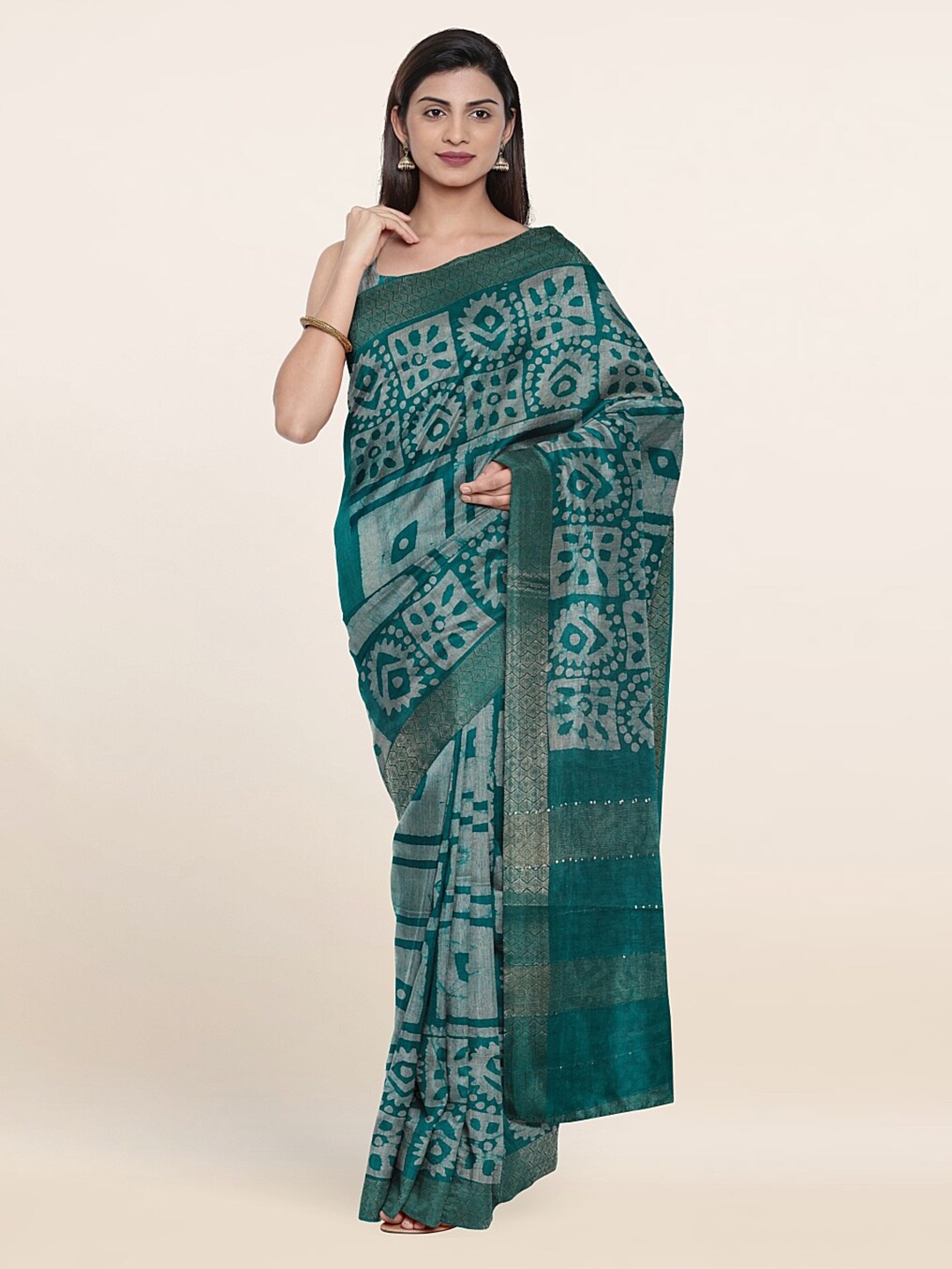 

Pothys Batik Printed Zari Jute Cotton Saree, Green