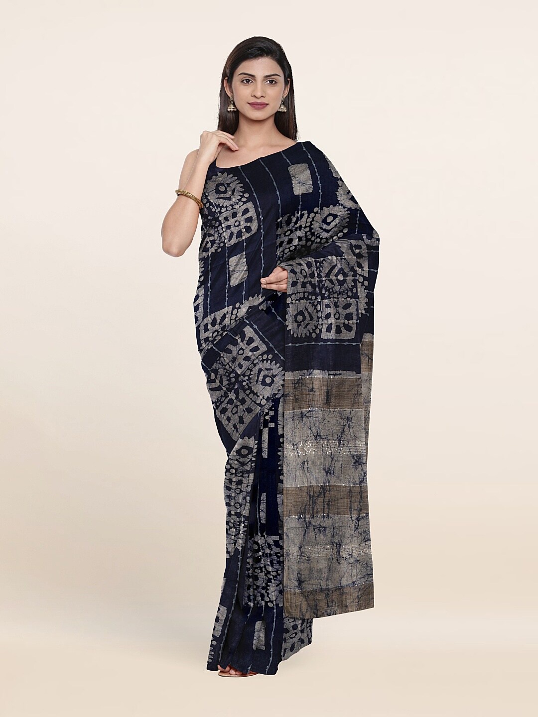 

Pothys Batik Zari Jute Cotton Saree, Navy blue