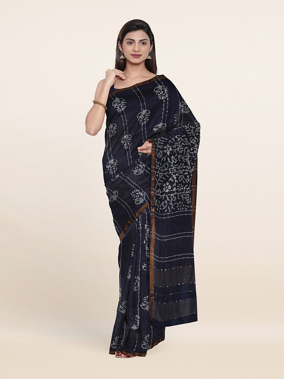 

Pothys Batik Zari Jute Cotton Saree, Blue