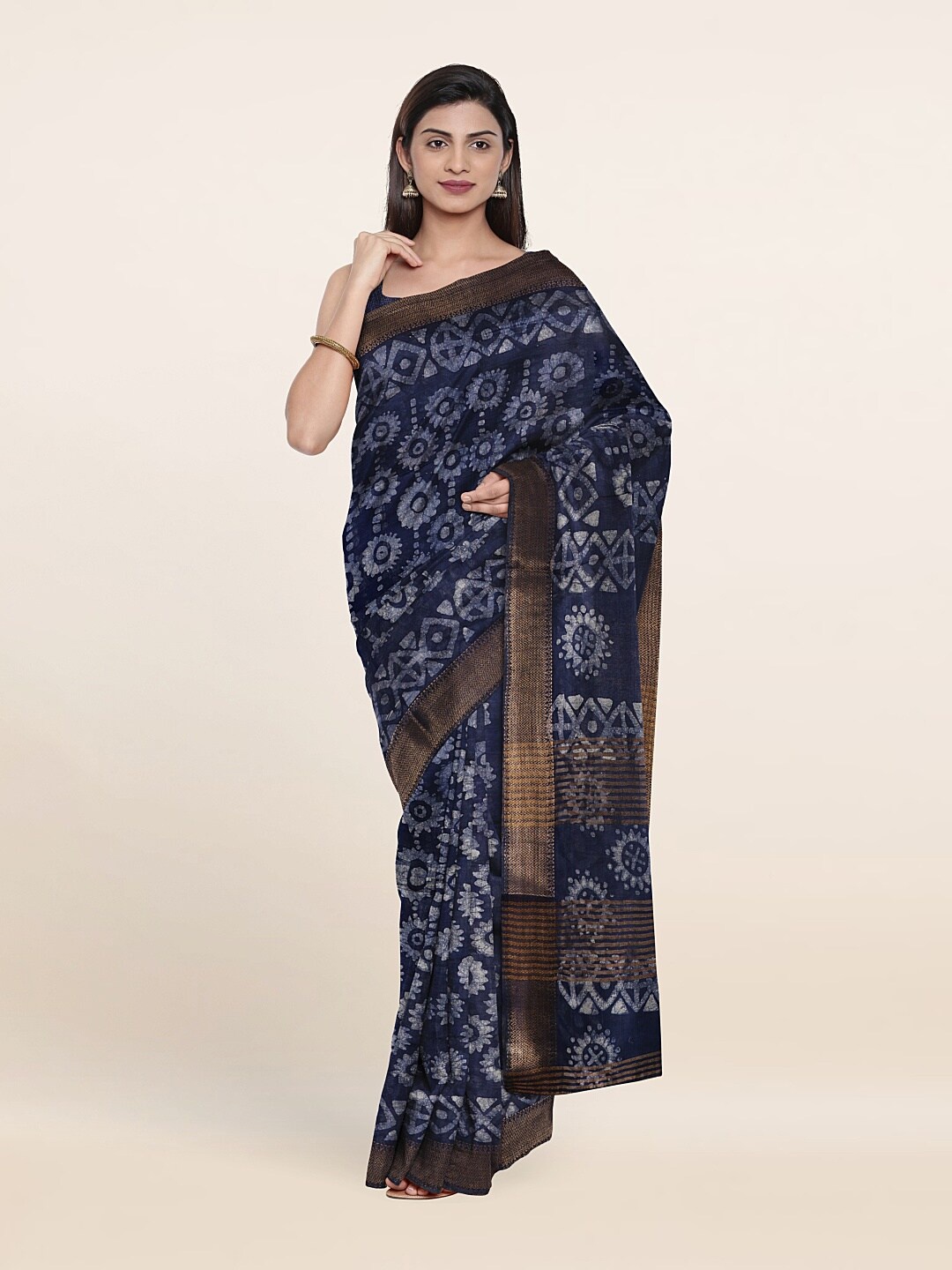 

Pothys Batik Zari Jute Cotton Saree, Blue