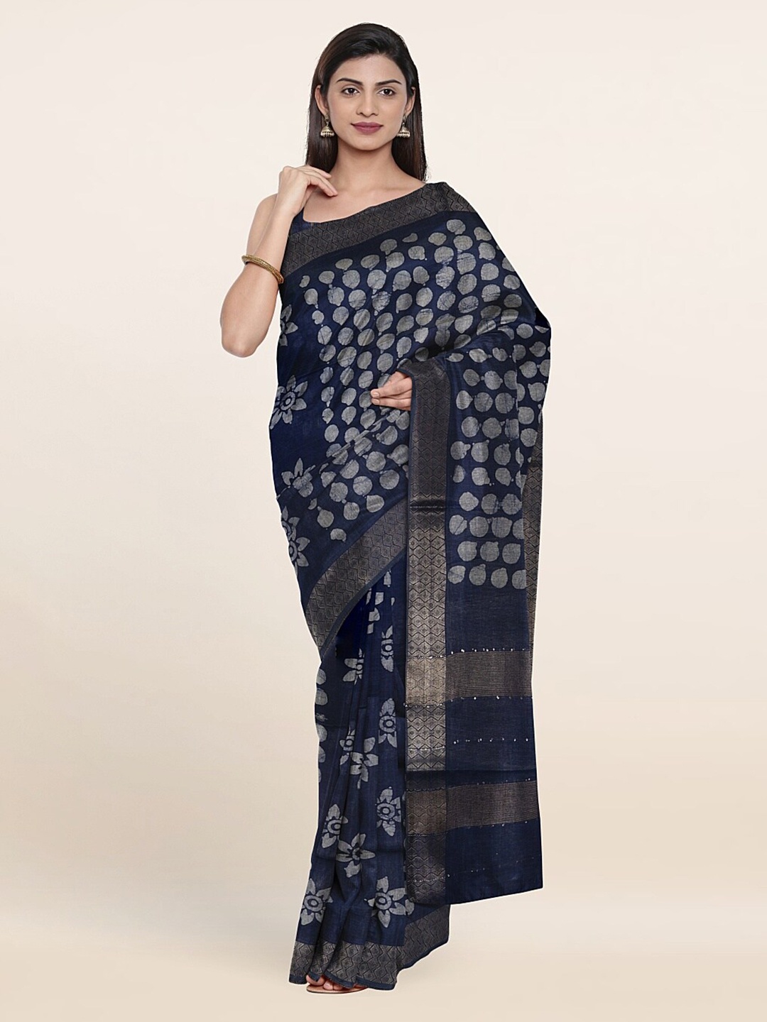 

Pothys Batik Zari Jute Cotton Saree, Blue