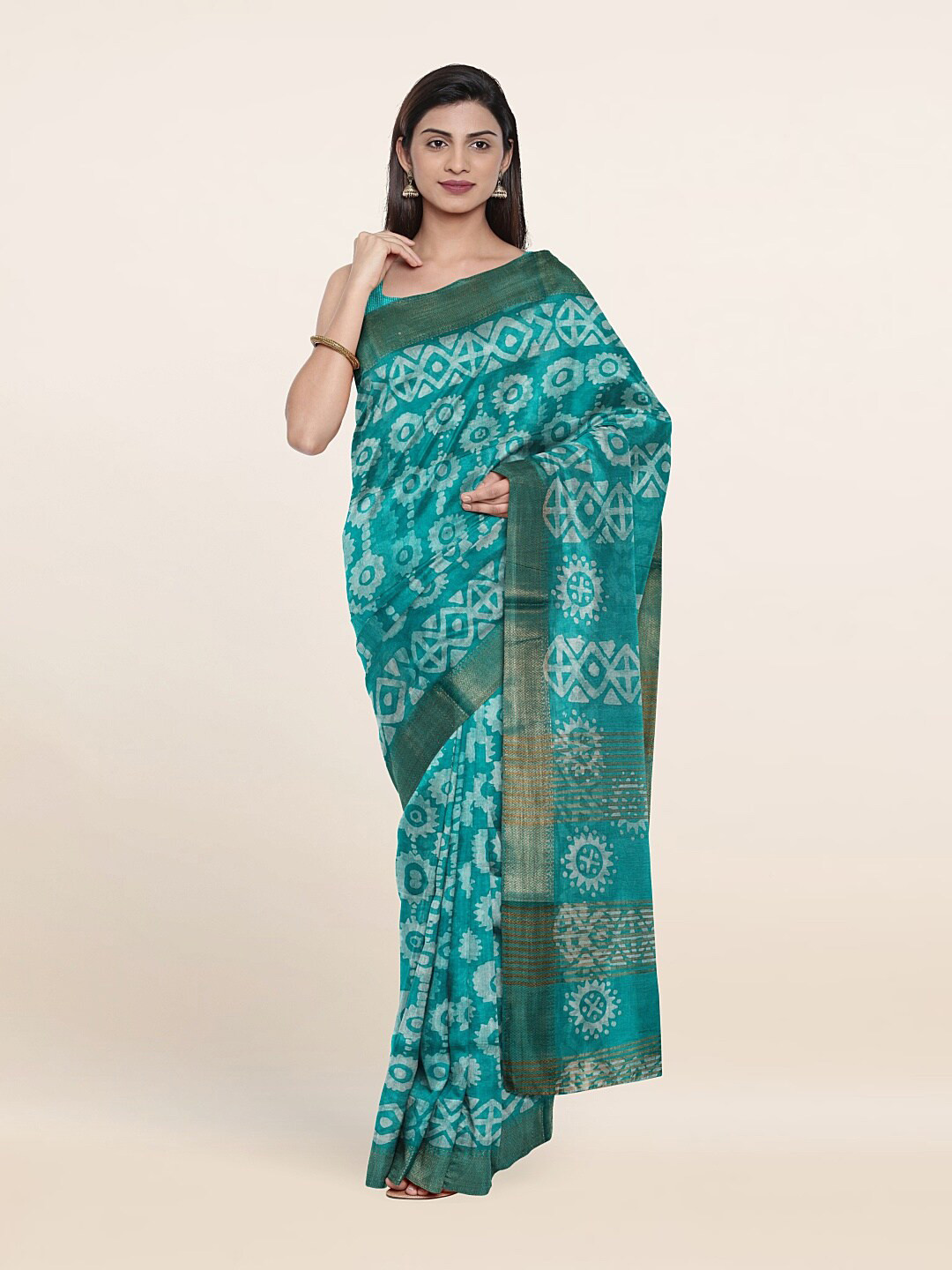 

Pothys Batik Zari Jute Cotton Saree, Sea green