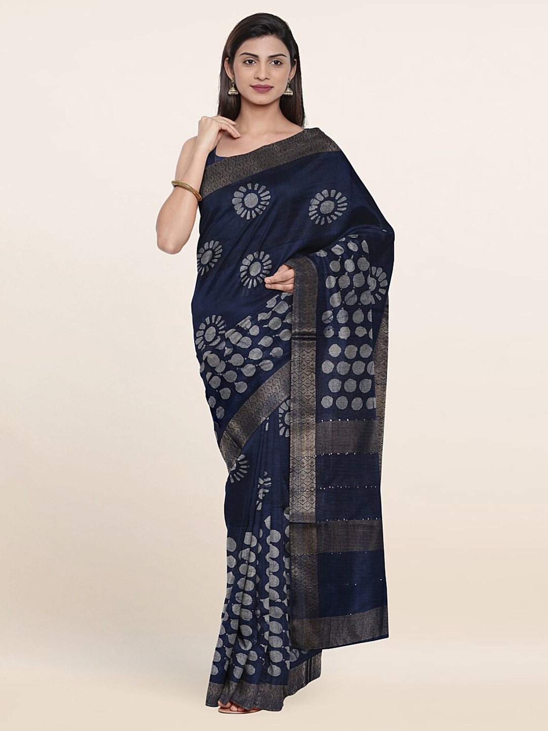 

Pothys Batik Zari Jute Cotton Saree, Blue