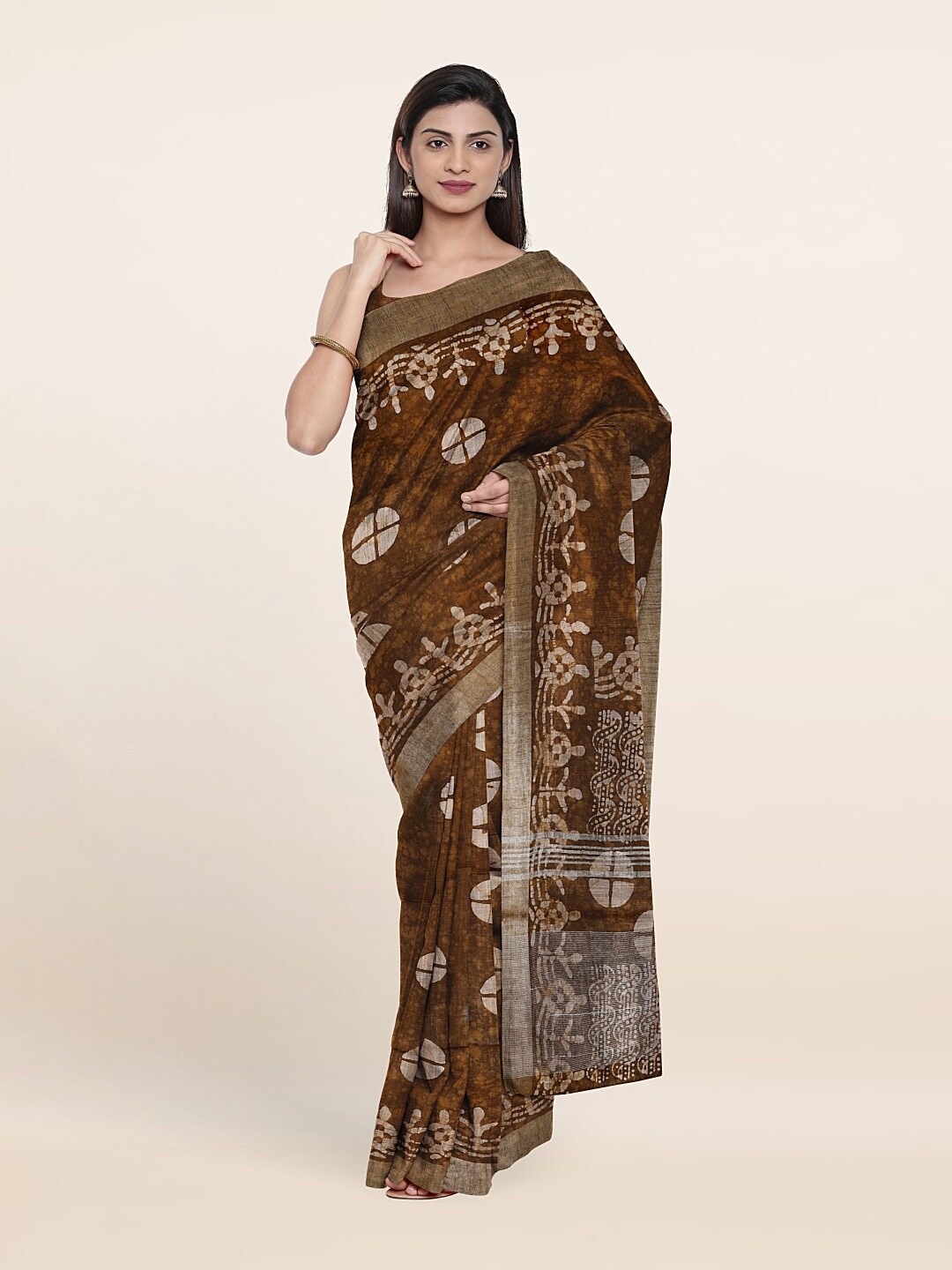 

Pothys Batik Zari Jute Cotton Saree, Brown