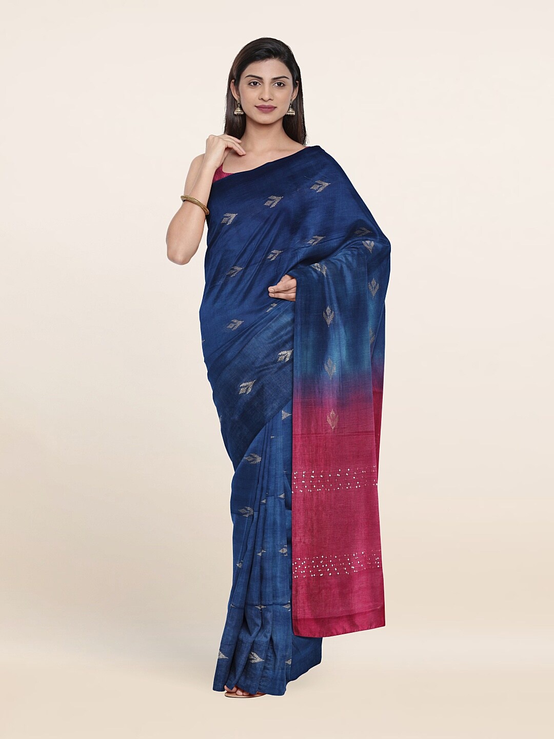 

Pothys Printed Woven Design Zari Linen Blend Saree, Blue