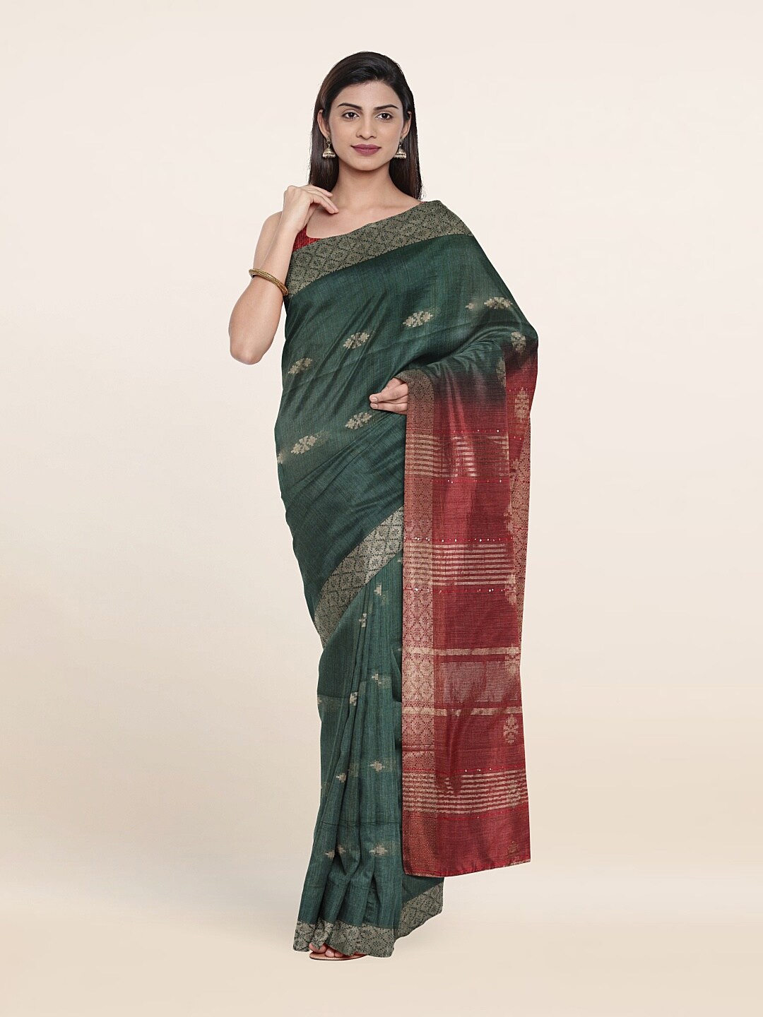 

Pothys Printed Woven Design Zari Jute Cotton Saree, Green