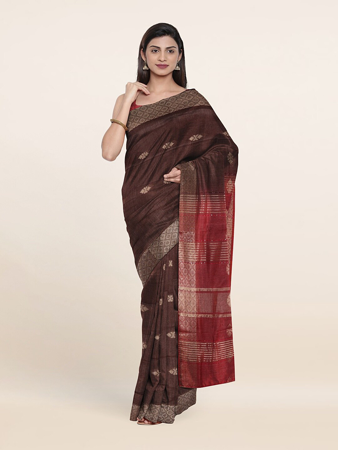 

Pothys Printed Woven Design Zari Jute Cotton Saree, Brown