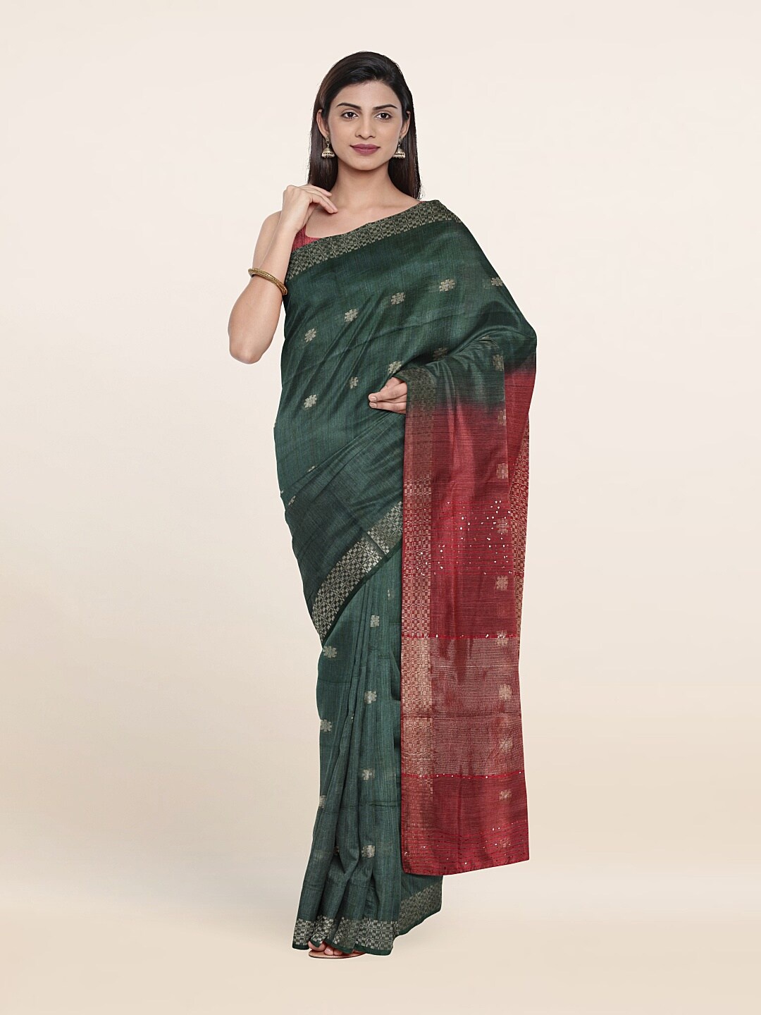 

Pothys Printed Woven Design Zari Jute Cotton Saree, Green