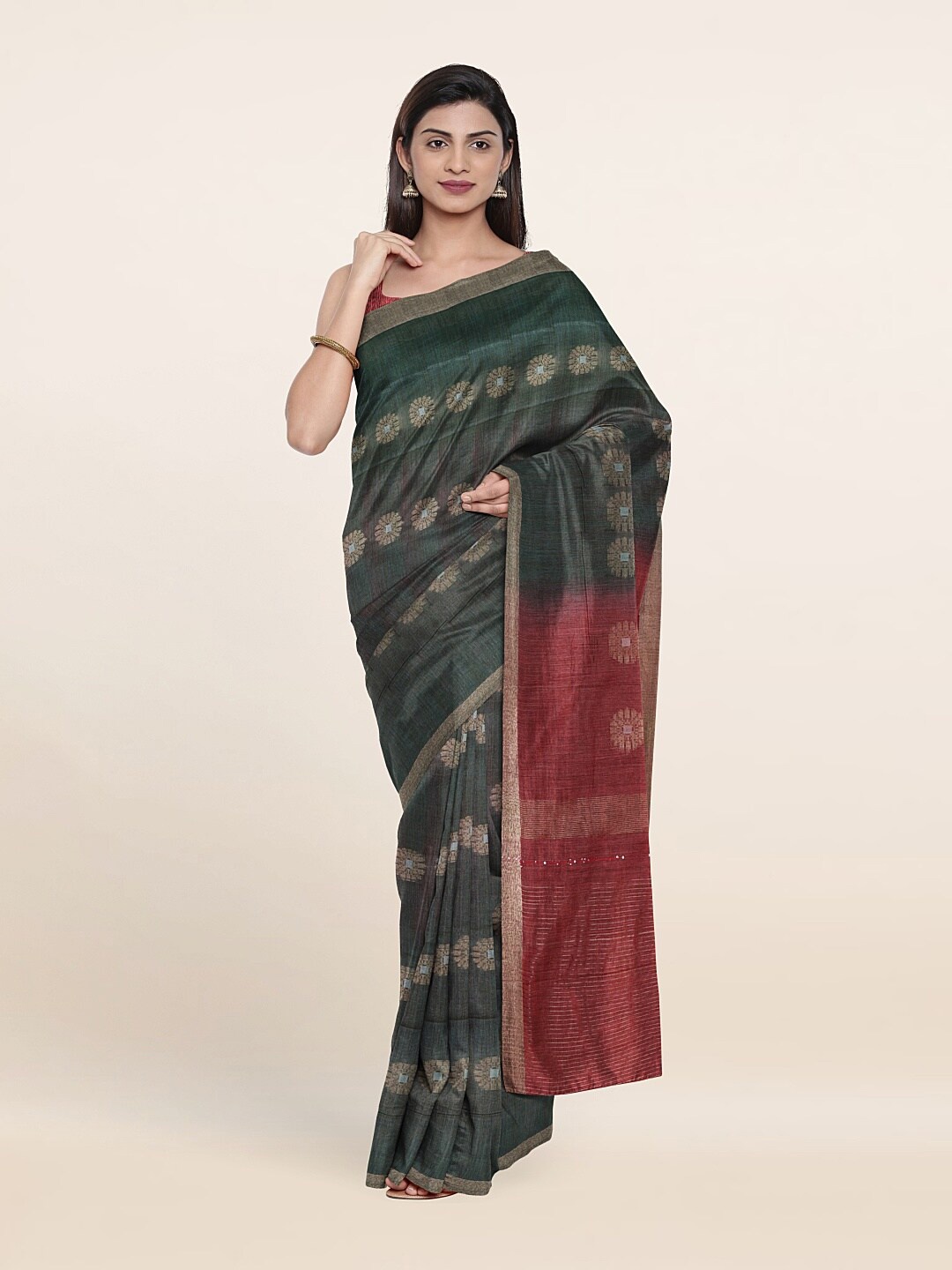 

Pothys Printed Woven Design Zari Jute Cotton Saree, Green