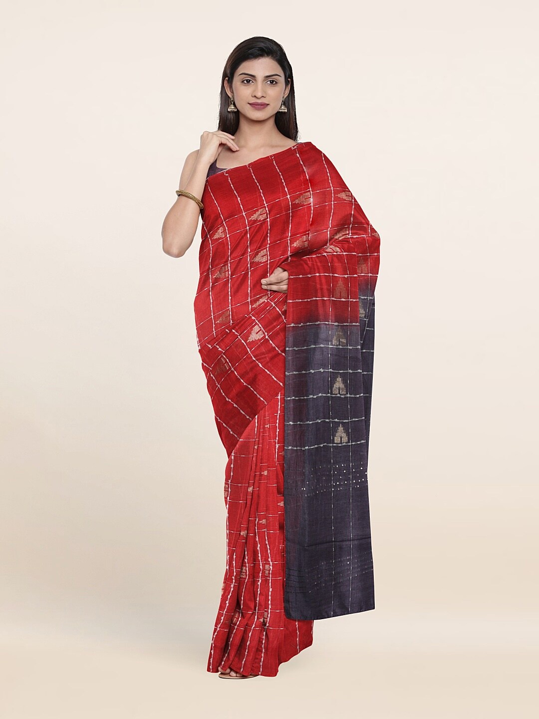 

Pothys Red & Gold-Toned Woven Design Zari Linen Blend Saree