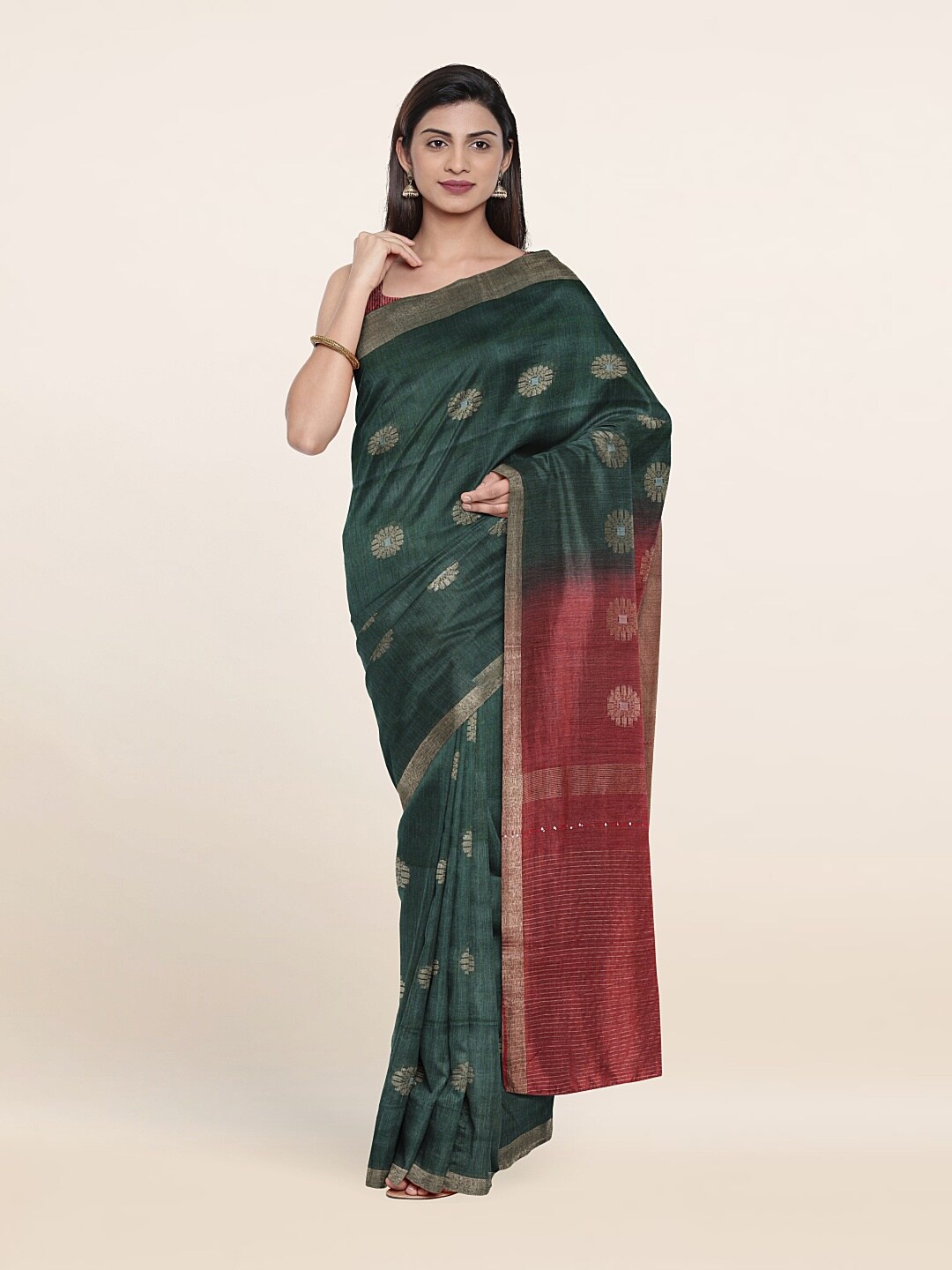 

Pothys Floral Zari Jute Cotton Saree, Green