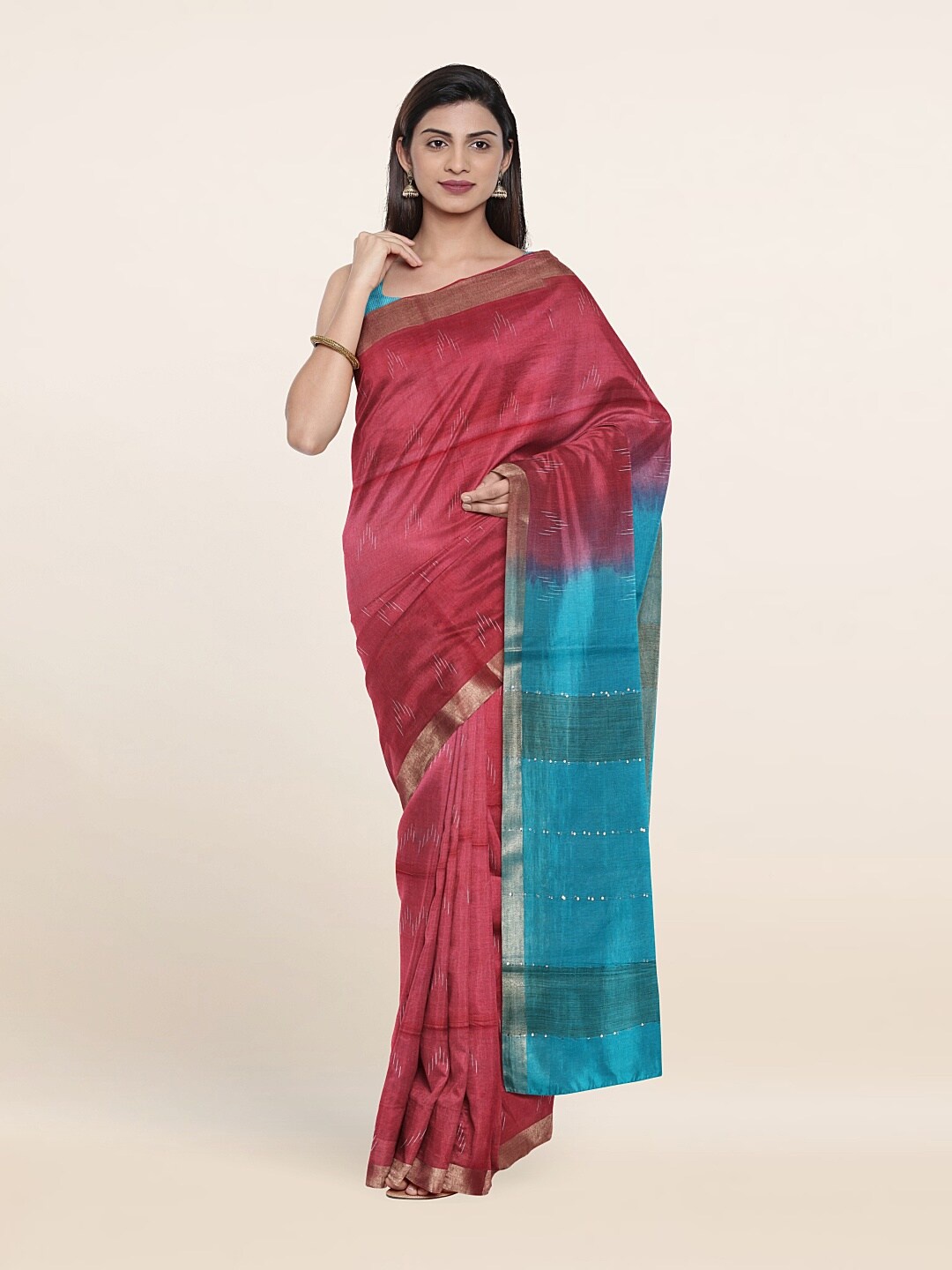 

Pothys Pink & Blue Zari Linen Blend Saree