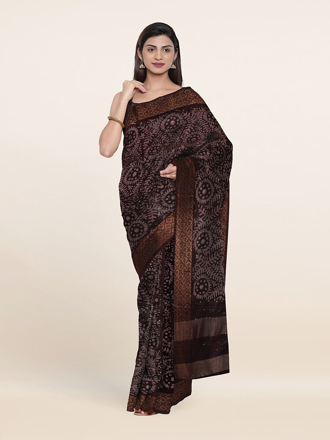 

Pothys Batik Zari Cotton Saree, Brown