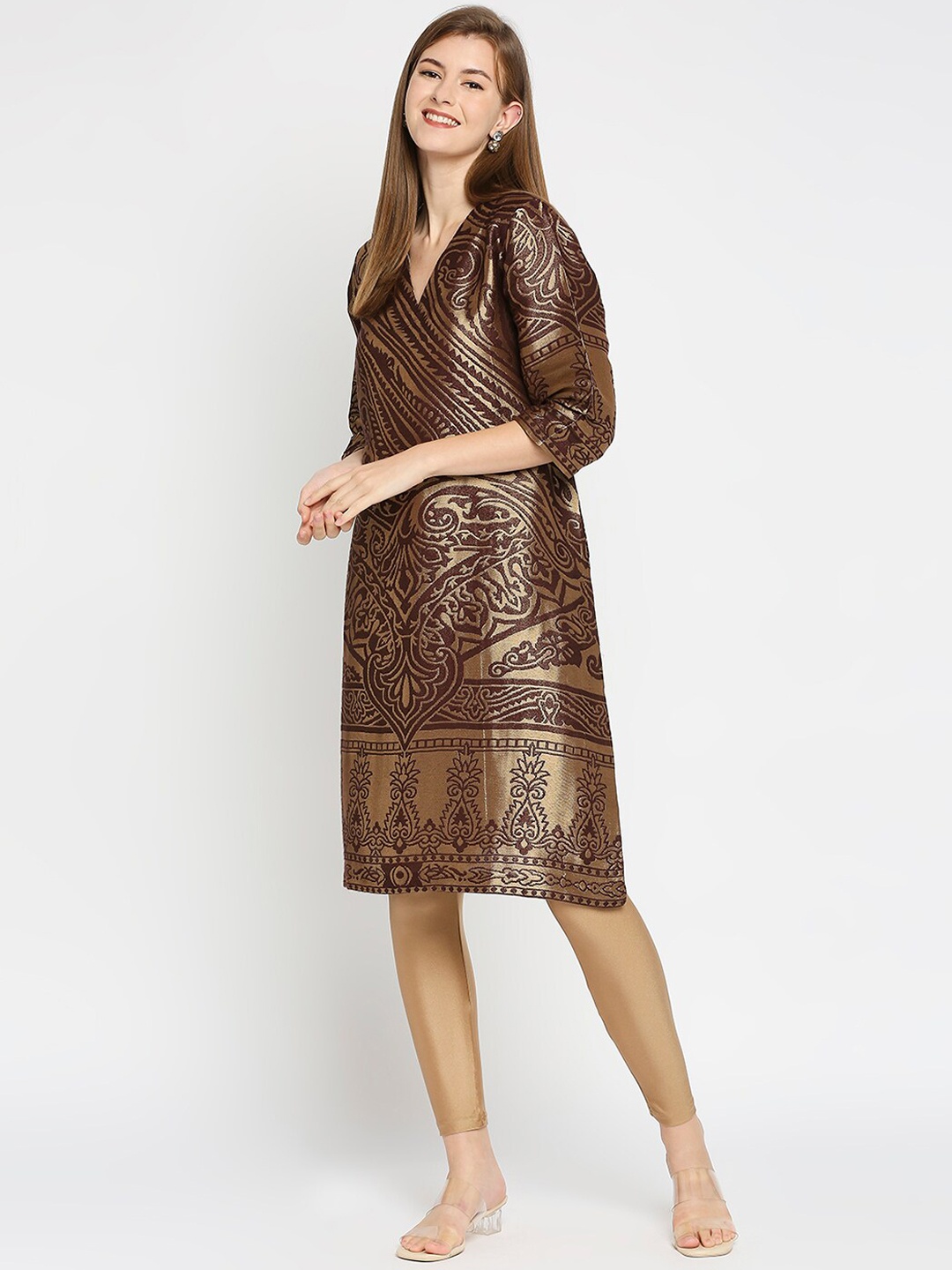 

Cloth Haus India Women Brown & Gold-Toned Ethnic Motifs Brocade Kurta