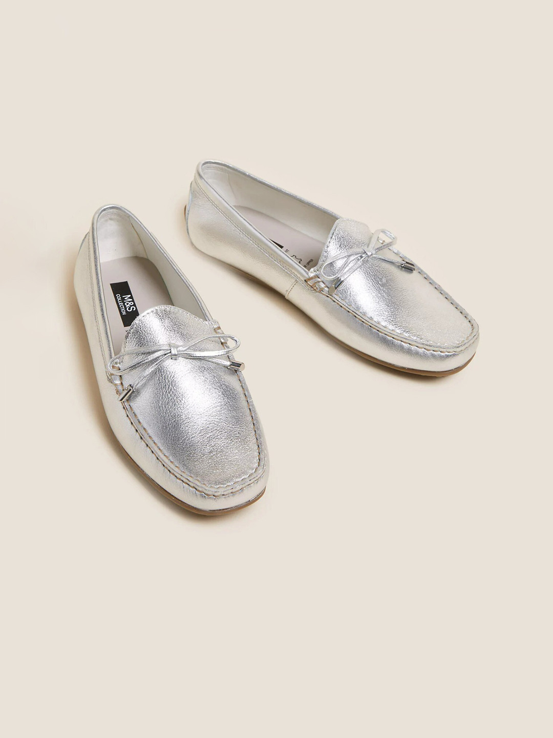 

Marks & Spencer Women Solid Metallic Leather Loafers with Bow Detail, Silver