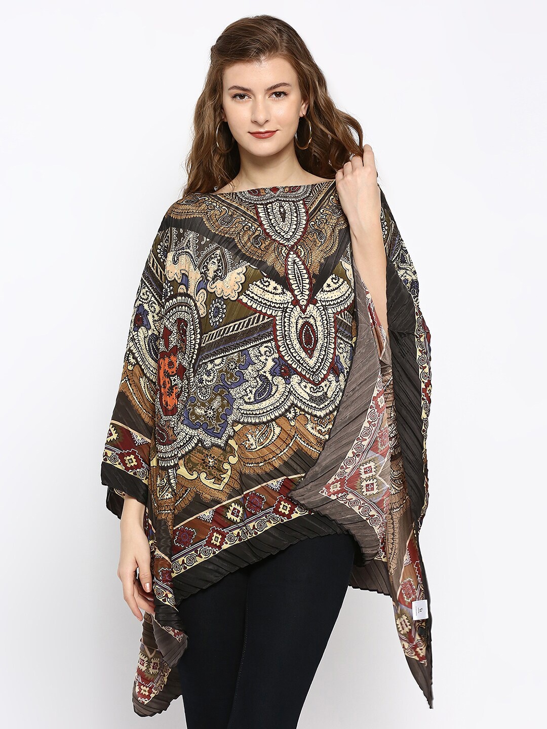 

Cloth Haus India Women Printed Paisley Pleated Poncho, Black