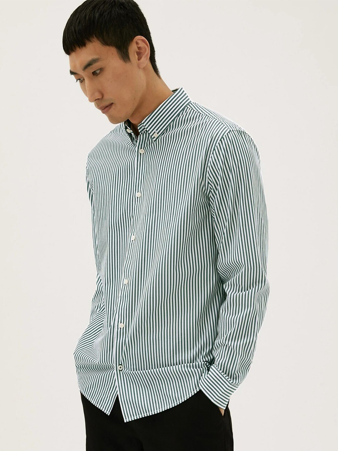 

Marks & Spencer Men Striped Casual Cotton Shirt, Green