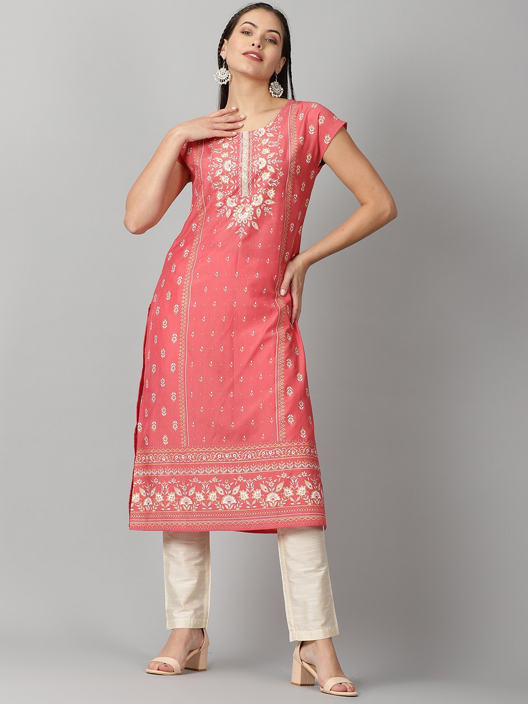 

Saffron Threads Women Pink & Gold-Toned Ethnic Motifs Printed Kurta