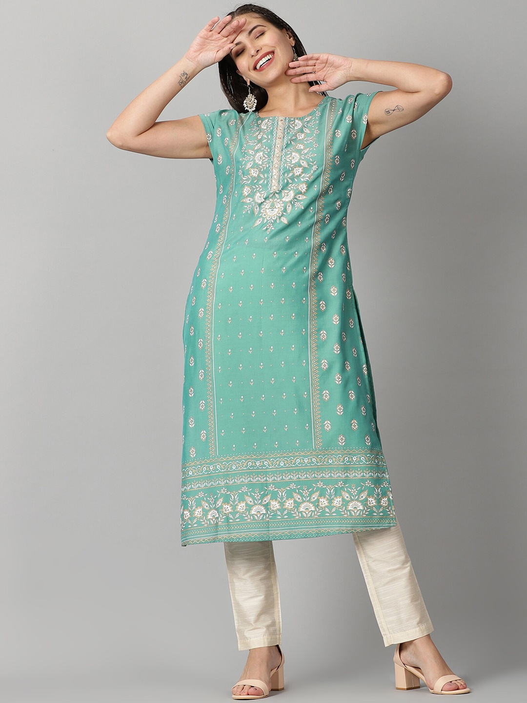 

Saffron Threads Women Sea Green Ethnic Motifs Printed Kurta