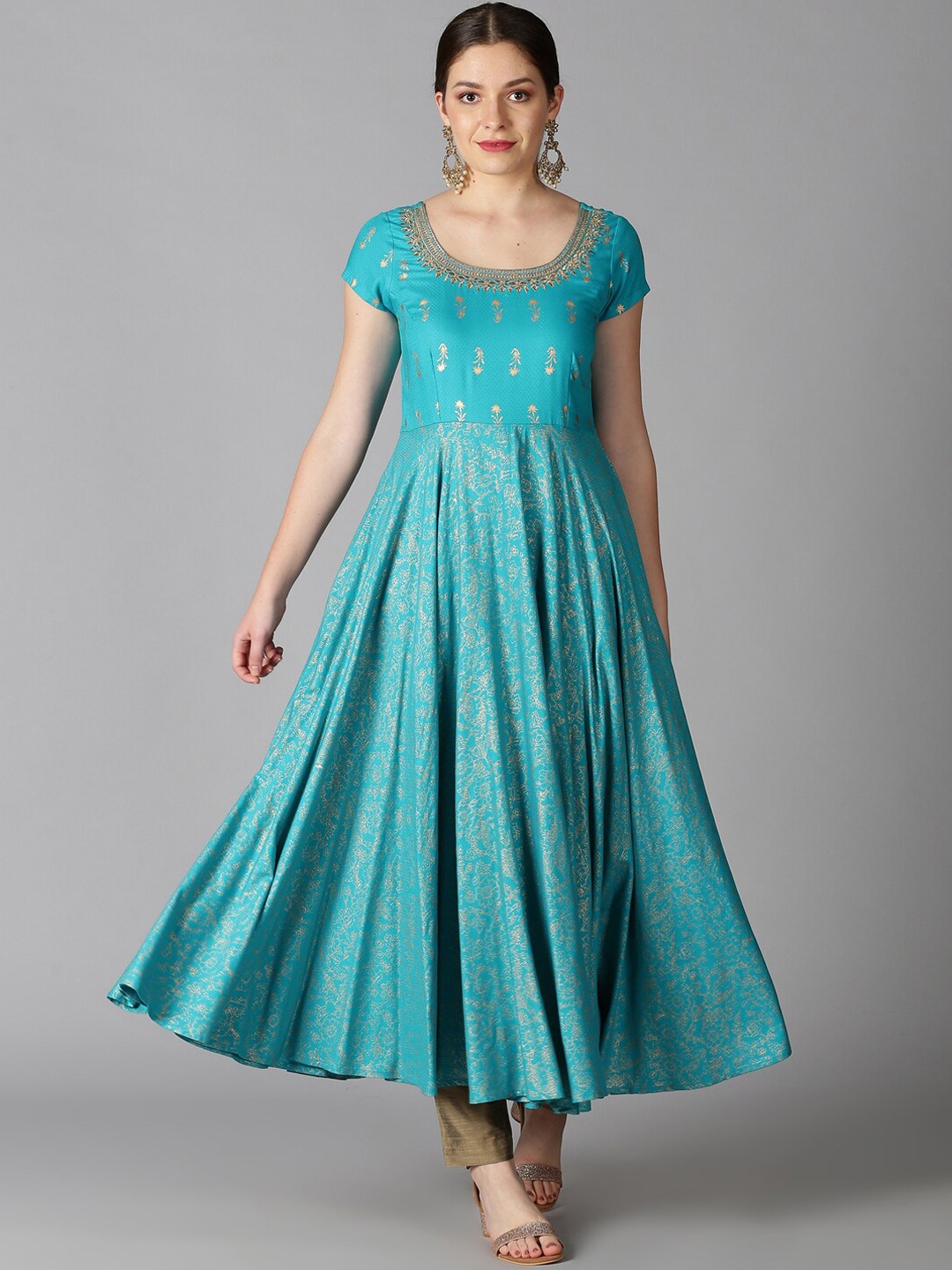 

Saffron Threads Women Turquoise Blue Floral Printed Dobby Anarkali Kurta